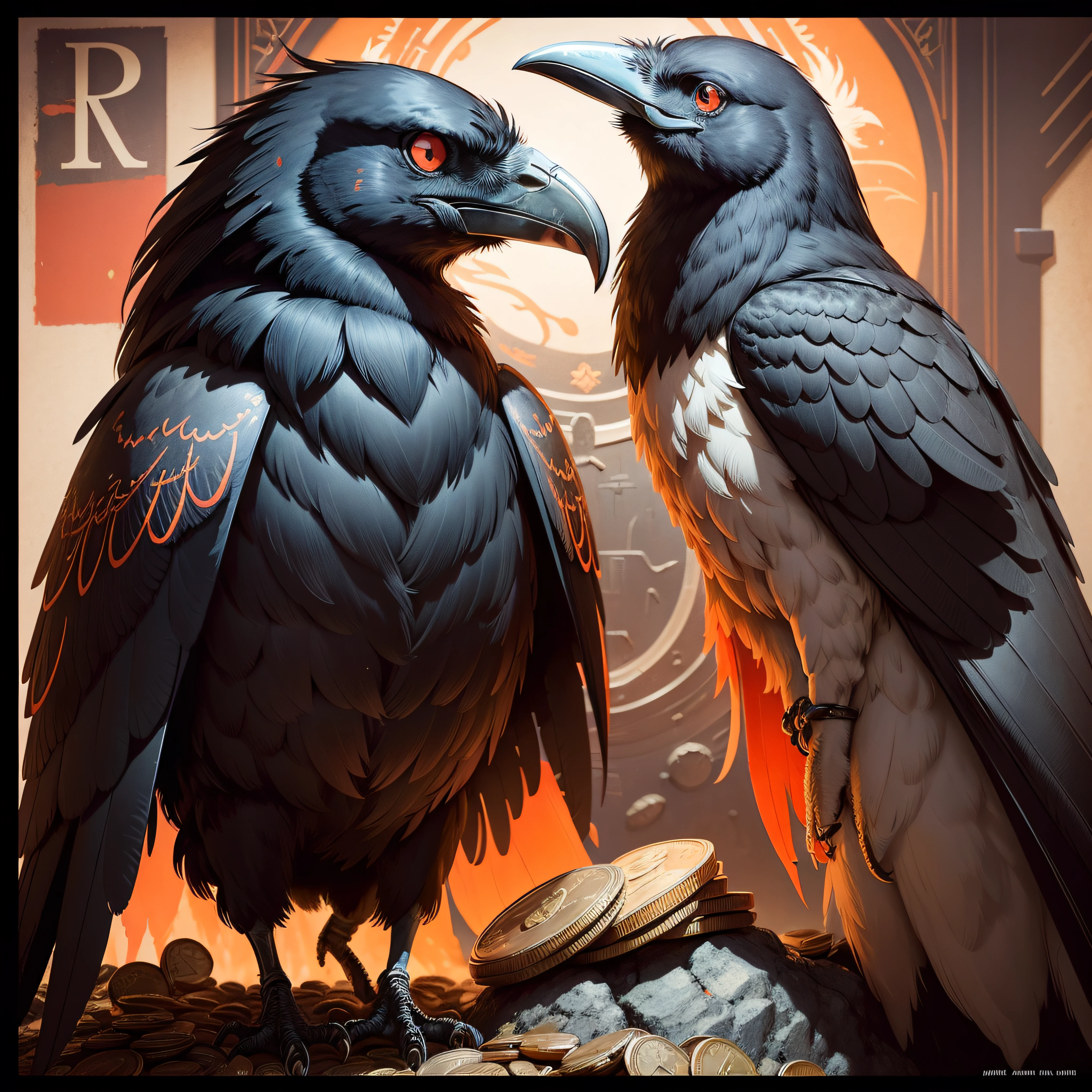 Donation stylistic icon, , coin minimum, detailed illustration, black raven, 80s old style, cinematic poster, ambient light, interesting composition, depth of field, professional high quality movie poster, details orange and red, crow feathers, feather details, rowan berries, classic horror movie, creepy, madness, mess, darkness, horror, chaos, madness, coins 4k