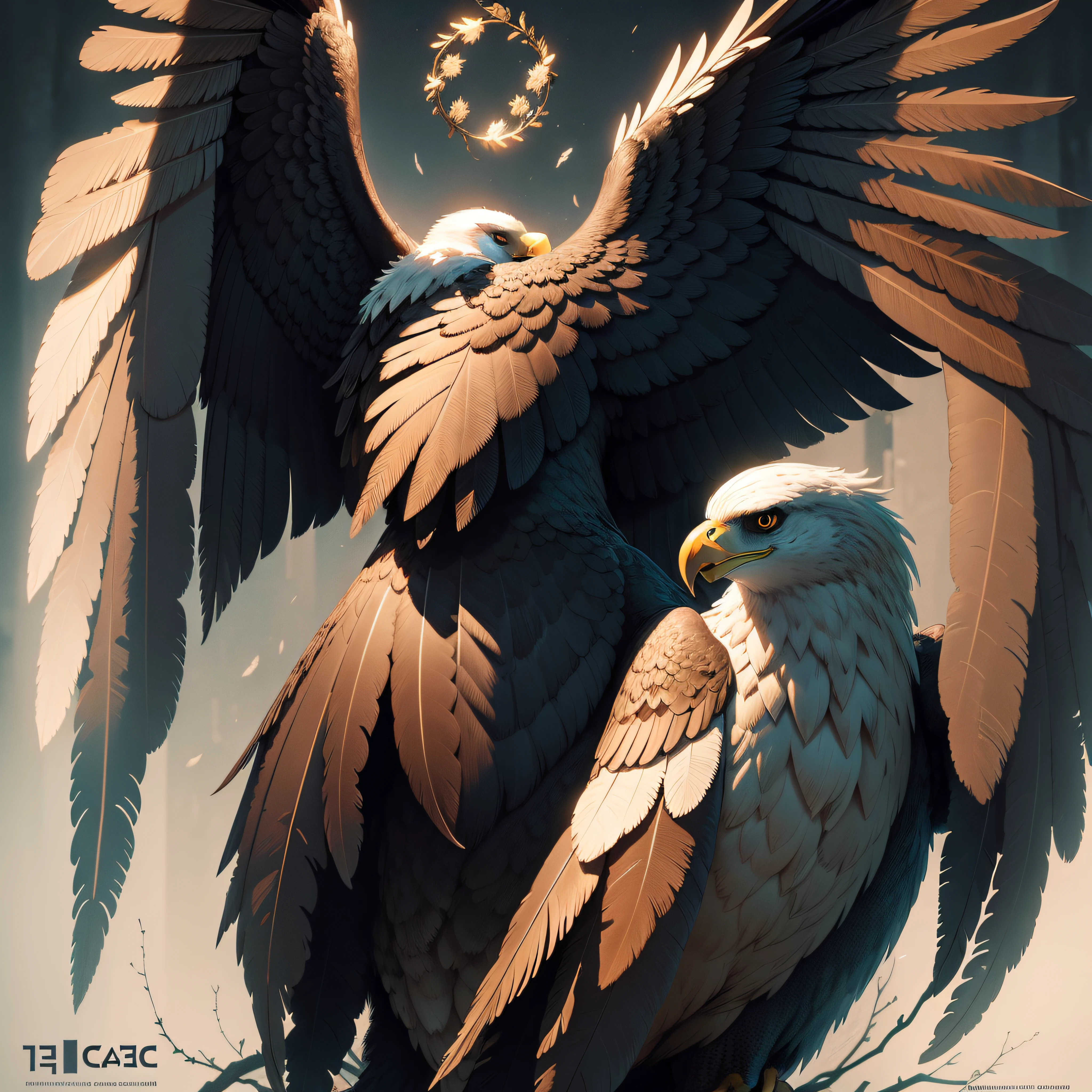 stylistic stamp, detailed illustration, beautiful eagle,  cinematic poster, ambient light, interesting composition, depth of field, professional high quality movie poster, details  feathers, feather details,  classic horror movie, creepy, madness, mess, darkness, horror, chaos, madness, 35c stamp 4k