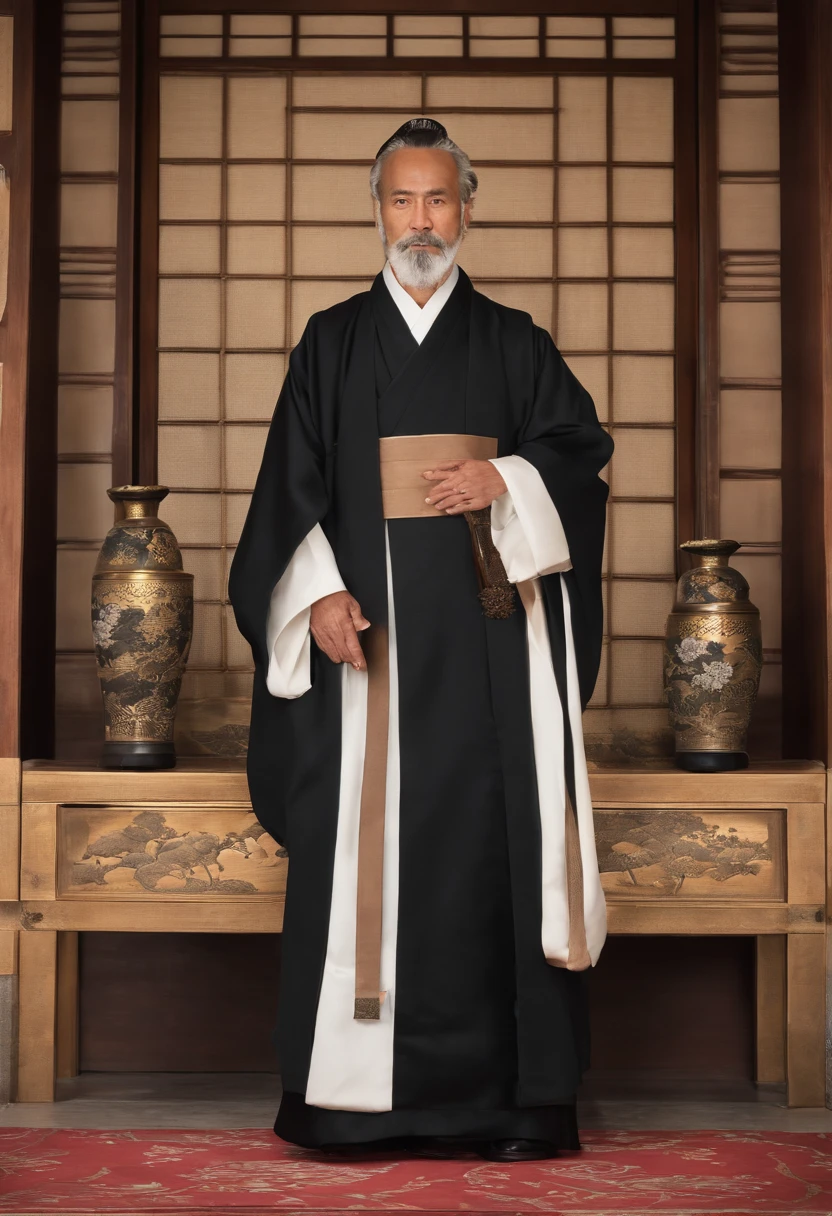 in the edo era、Satsuma Domain、Japan male Anjiro is the lord of Satsuma Domain、Christian missionary to Takahisa Shimazu、Scene introducing Francisco Xavier。The above three characters。Anjiro is frugally dressed、Takahisa Shimazu wears a crested hakama and beard.、Francisco Xavier is a Spanish man in his 50s wearing priestly vestments。