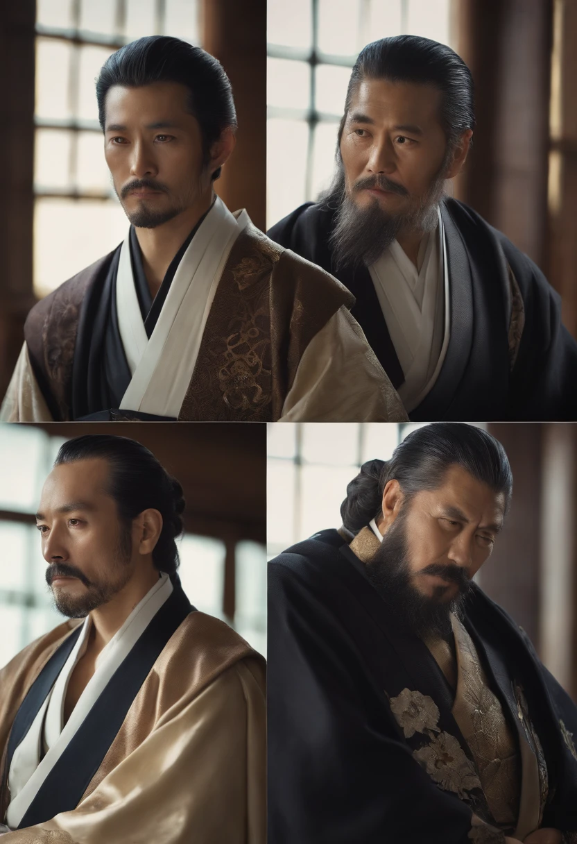 in the edo era、Satsuma Domain、Japan male Anjiro is the lord of Satsuma Domain、Christian missionary to Takahisa Shimazu、Scene introducing Francisco Xavier。The above three characters。Anjiro is frugally dressed、Takahisa Shimazu wears a crested hakama and beard.、Francisco Xavier is a Spanish man in his 50s wearing priestly vestments。