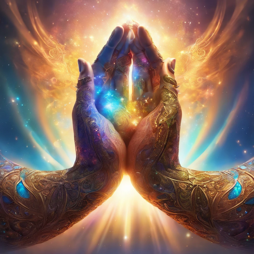 (Allah hands in a prayer position:1.5), (Close-up of the hand:1.5), vibrante colorsa colorslashh An explosion of colors, complex stuff around, intricate in the background, Spiritual, divine, dreamlike, god, pineal gland, dream like, (extremely detailed CG unity 16k wallpaper:1.1), (Denoising strength: 1.45), (tmasterpiece:1.37), UHD), prayer hands, blessing hand, solemn gesture, praying pose, hyper realistic, god rays, ray tracing, ray tracing, UHD, award winning, award winning