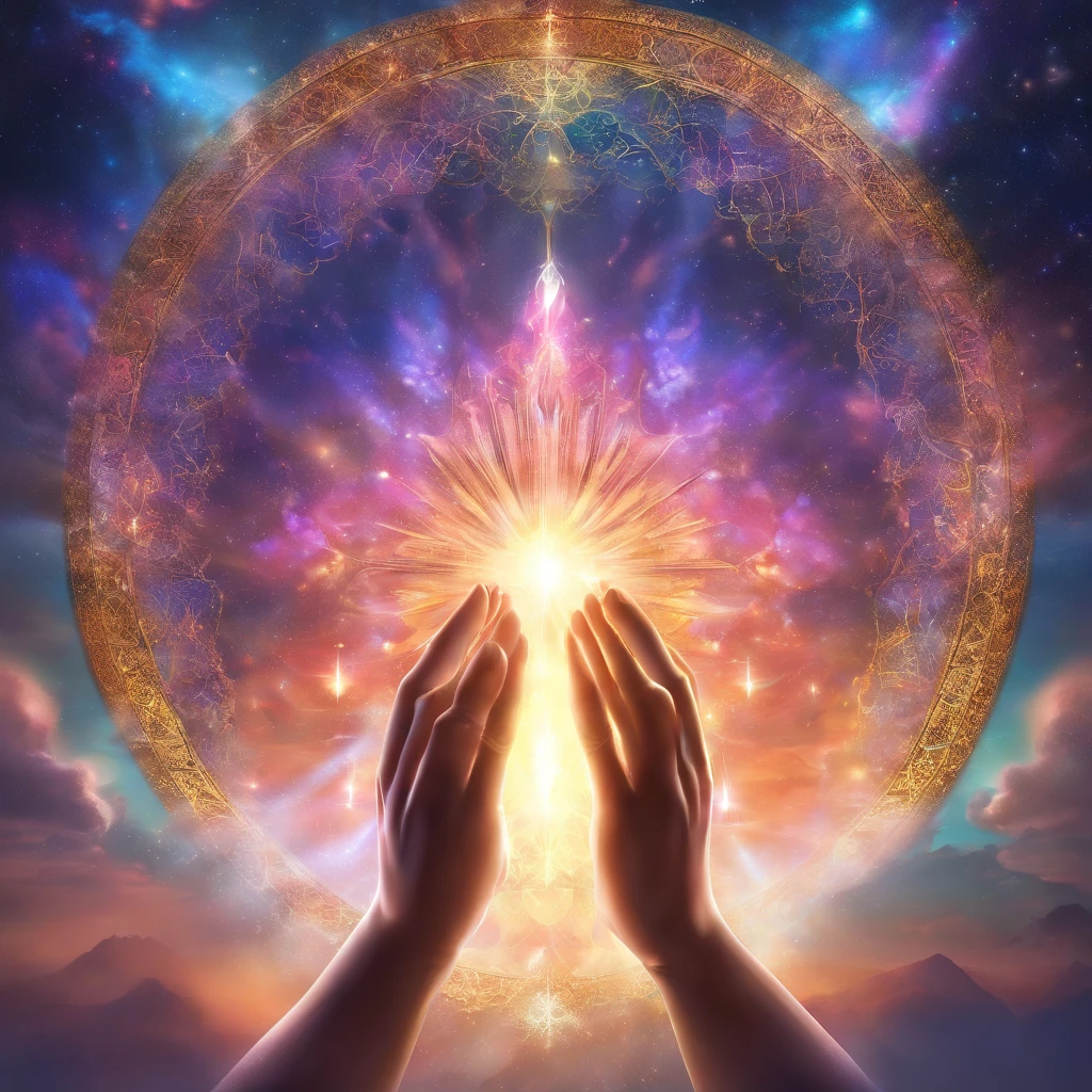 (Allah hands in a prayer position:1.5), (Close-up of the hand:1.5), vibrante colorsa colorslashh An explosion of colors, complex stuff around, intricate in the background, Spiritual, divine, dreamlike, god, pineal gland, dream like, (extremely detailed CG unity 16k wallpaper:1.1), (Denoising strength: 1.45), (tmasterpiece:1.37), UHD), prayer hands, blessing hand, solemn gesture, praying pose, hyper realistic, god rays, ray tracing, ray tracing, UHD, award winning, award winning