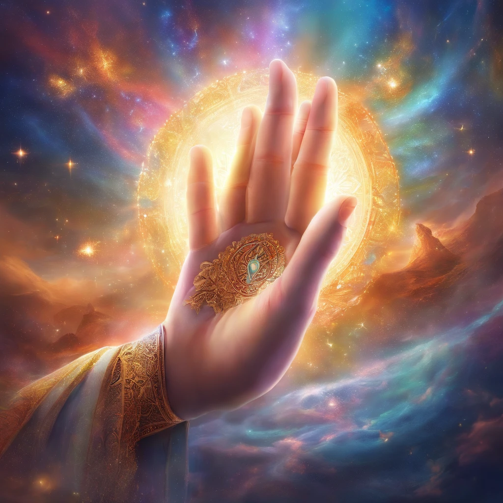 (Allah hands in a prayer position:1.5), (Close-up of the hand:1.5), vibrante colorsa colorslashh An explosion of colors, complex stuff around, intricate in the background, Spiritual, divine, dreamlike, god, pineal gland, dream like, (extremely detailed CG unity 16k wallpaper:1.1), (Denoising strength: 1.45), (tmasterpiece:1.37), UHD), prayer hands, blessing hand, solemn gesture, praying pose, hyper realistic, god rays, ray tracing, ray tracing, UHD, award winning, award winning