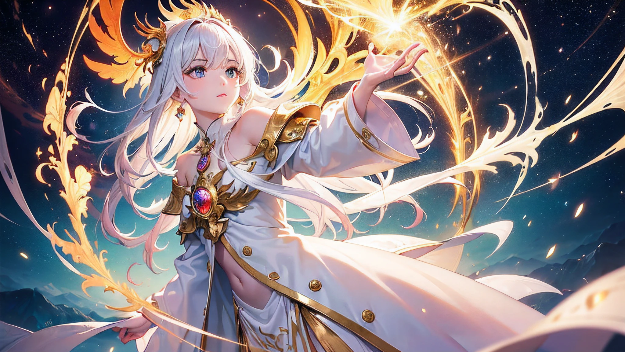 (Masterpiece, premier quality, Best quality, Art officiel, beautiful and aesthetic:1.2), (1fille), extremely detailed eyes, (Art fractal:1.3), colourfull, Most Detailed, (visage parfait), peau brillante, Hdr, (White coat gold lines:1.2), galaxie, (Light streaks), Des visuels saisissants, (Stries dynamiques, Sentiers lumineux:1.2), Vibrant colors, (phoenix), (dragon)