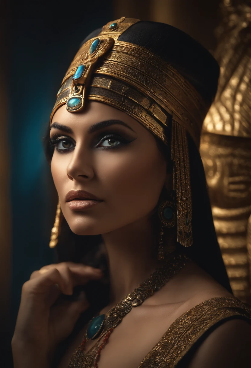 "Create a hyper-realistic, Ultra-clear photograph capturing the essence of Cleopatra, The Last Pharaoh of Egypt. See details every minute, Her hall々And from clothing and jewelry、Even seductive expressions and postures, Rendered with absolute precision. Convey charm, intelligence, The power that defined Cleopatra's legacy, Provides a vivid and historically accurate depiction of this iconic figure from ancient history."