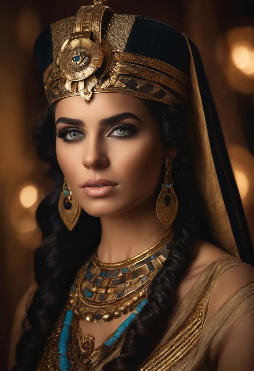 hyper-realistic beautiful portrait of Cleopatra, beautiful face, Olhos bonitos, camera facing, Using the Egyptian crown, dramatic background, Cinematic light