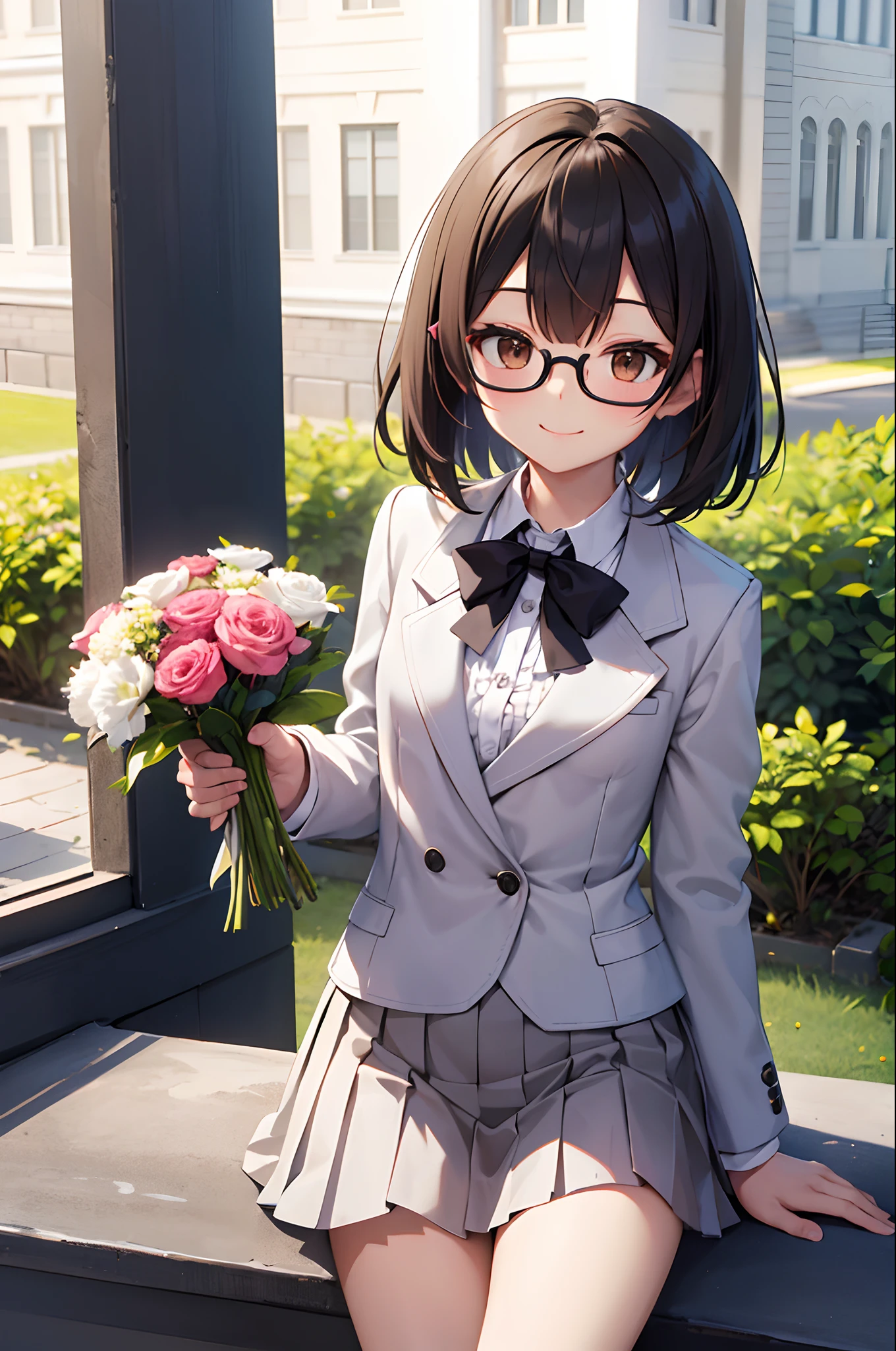 (masutepiece, Best Quality, Capture super cute moments, depth of fields, ultra-detailliert, Ultra High Resolution, C4D, Octadale, 3D Modeling, 8K, 16 K, one girls、a junior high school student、A dark-haired、short-hair、straight haired、Light brown eyes,hair adornments、wearing black glasses、A smile)、Slender body、small tits、blazers、Looking at the camera、Holding a bouquet