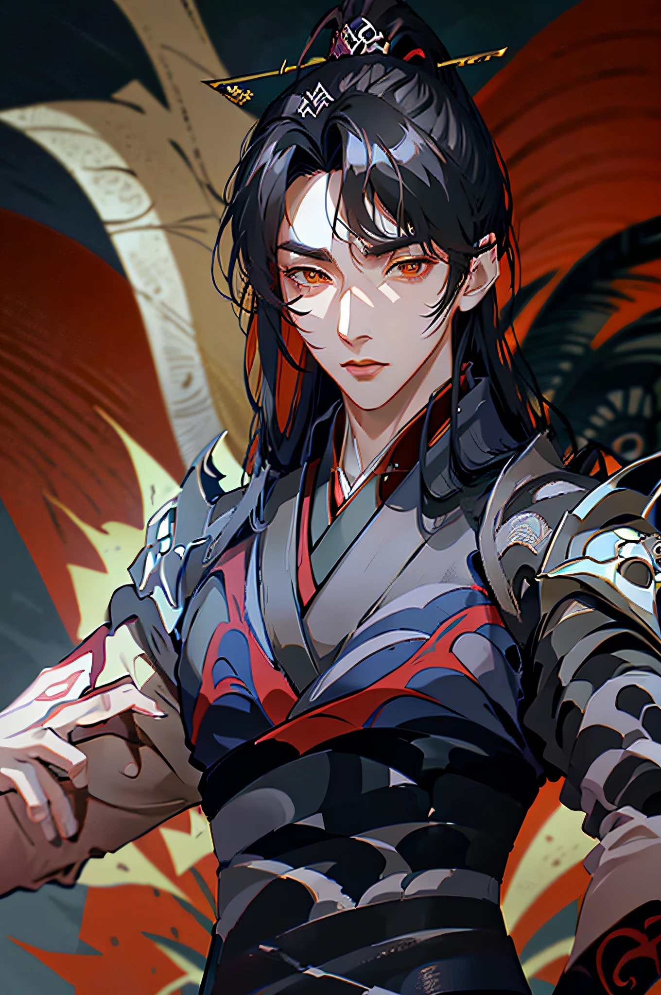 Anime - style image of a man with black hair and black and red outfit, red eyes, Keqing von Genshin Impact, Handsome guy in demon slayer art, Taisho Roman, handsome androgynous prince, Zhongli von Genshin Impact, black haired deity, anime gutaussehender mann, zarter androgyner Prinz, Masamune Shiro, heise jinyao, Offizielle Kunst