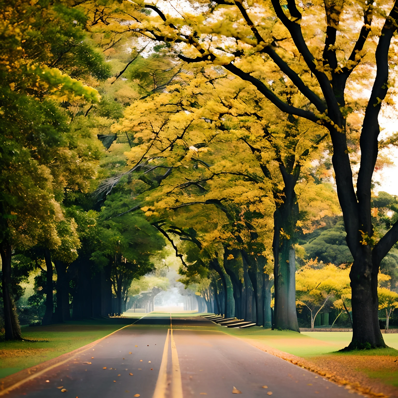 There is a bicycle parked on the side of a road, breath - taking beautiful trees, breath-taking beautiful trees, no outono, no outono, beautiful trees, amazing color photograph, Outono dourado, bela fotografia, autumn season, por Gang Se-hwang, cores amarelas, tonalidade amarela, Seul, cores amarelas, Cores verde e amarelo, amarelo e verde, tema amarelo