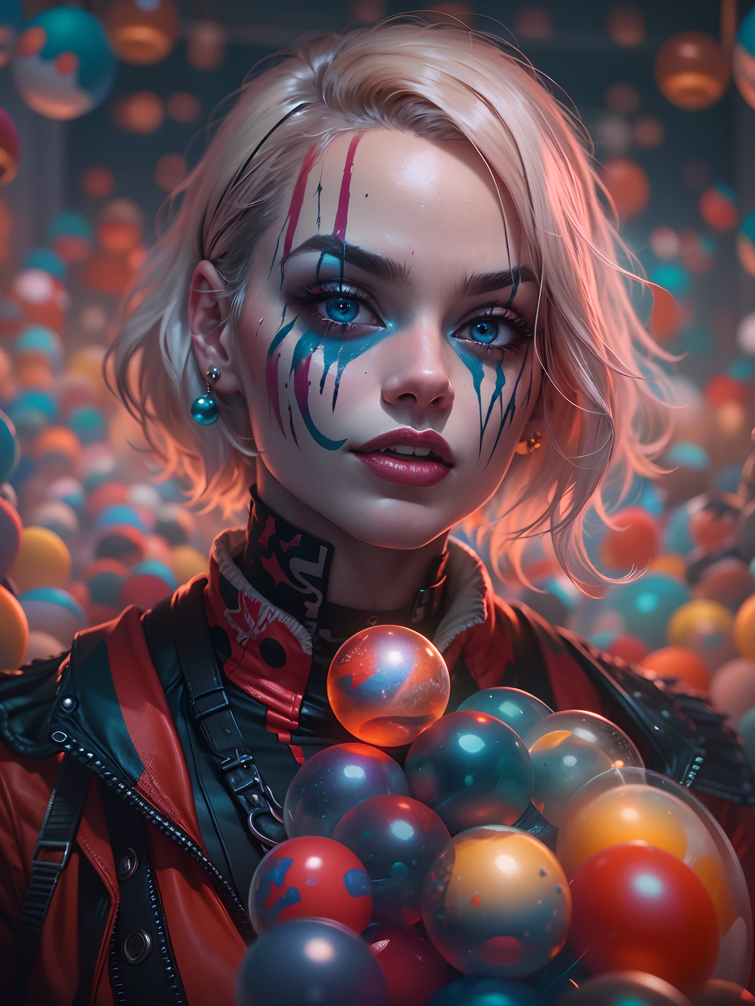 Transparent Glass ball art,Margot Robbie plays a portrait of a clown at a crowded , Wearing a closed black and red clown costume, Harley Quinn style, Her face was illuminated by neon lights, Looks like Halle Quinn, violet colors, he stands, Model shooting style (Extremely detailed Cg Unity 8K wallpaper), full frame photography of the most beautiful work of art in the world, professional, trending on artstationh, trending on CGSociety, Intricate, Highly detailed, Clear focus, Dramatic, photorealistic painting by Midjourney and Greg Rutkowski