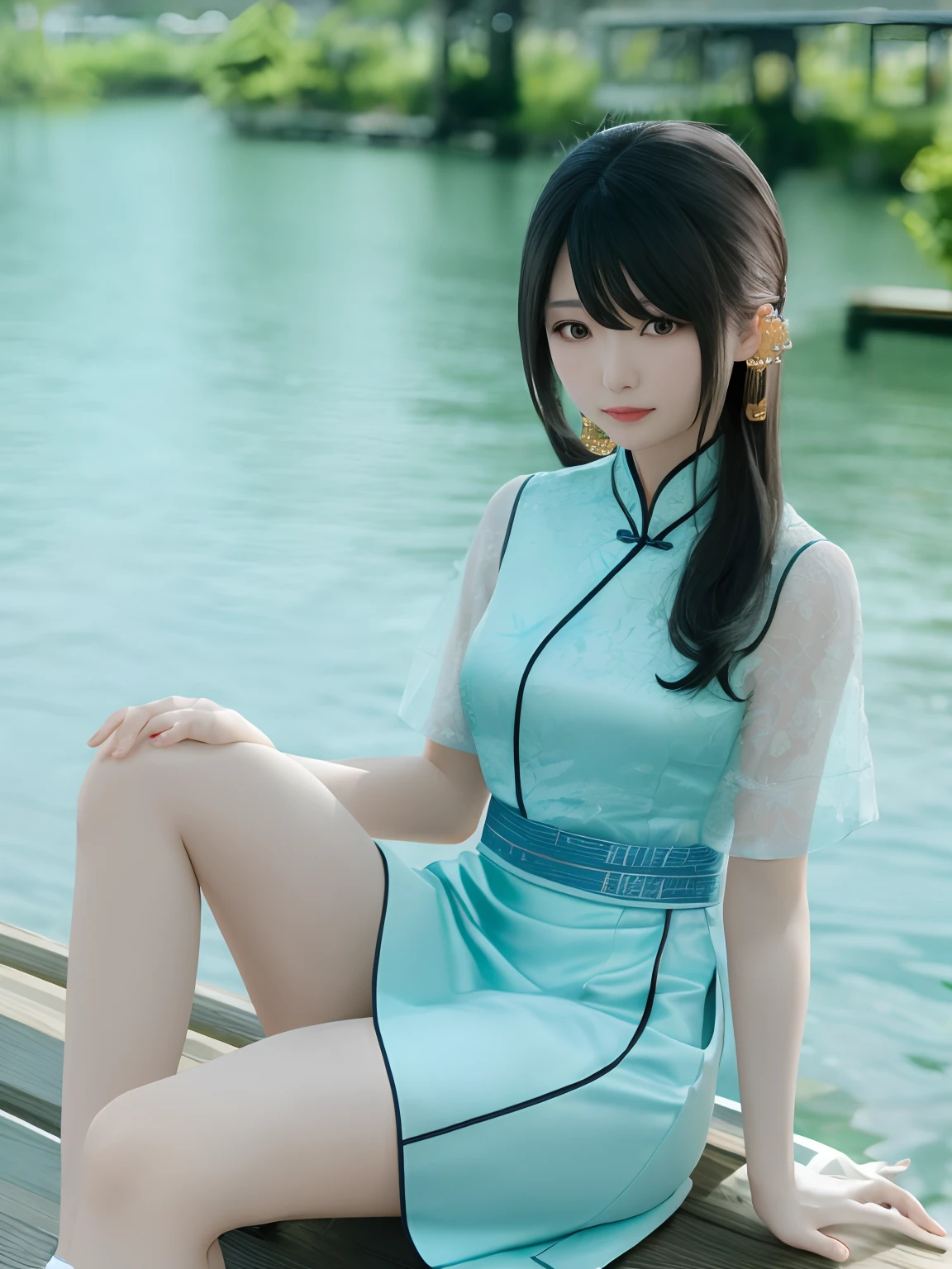 arafed asian woman in a blue dress sitting on a dock, Middle metaverse, 奈良美智, gorgeous chinese model, japanese goddess, cheongsam, chinese girl, Chiba Yuda, sha xi, trending on cgstation, trending at cgstation