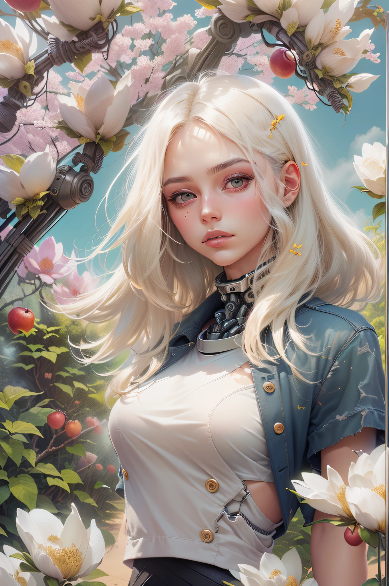 (reelmech:1.5), pretty 1girl, absurdres, 8k uhd, platinum blonde hair, bob cut, medium breasts, black tshirt, denim shorts, garden background, flowers, magnolias, apple tree, close up portrait