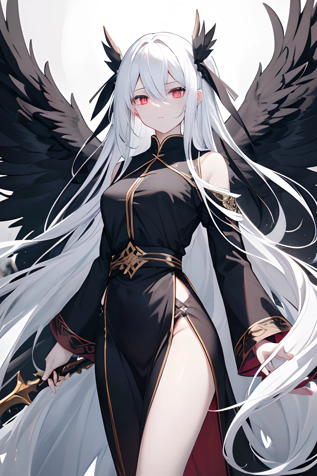 Black and white winged angel,long pale yellow hair down to the waist,,Long flowing hair,darkred eyes,Long sword。the eyes are deep and bright,It's like two stars,Reveal firmness and wisdom,She wore black and white robes,Sleeves flutter a little in the wind