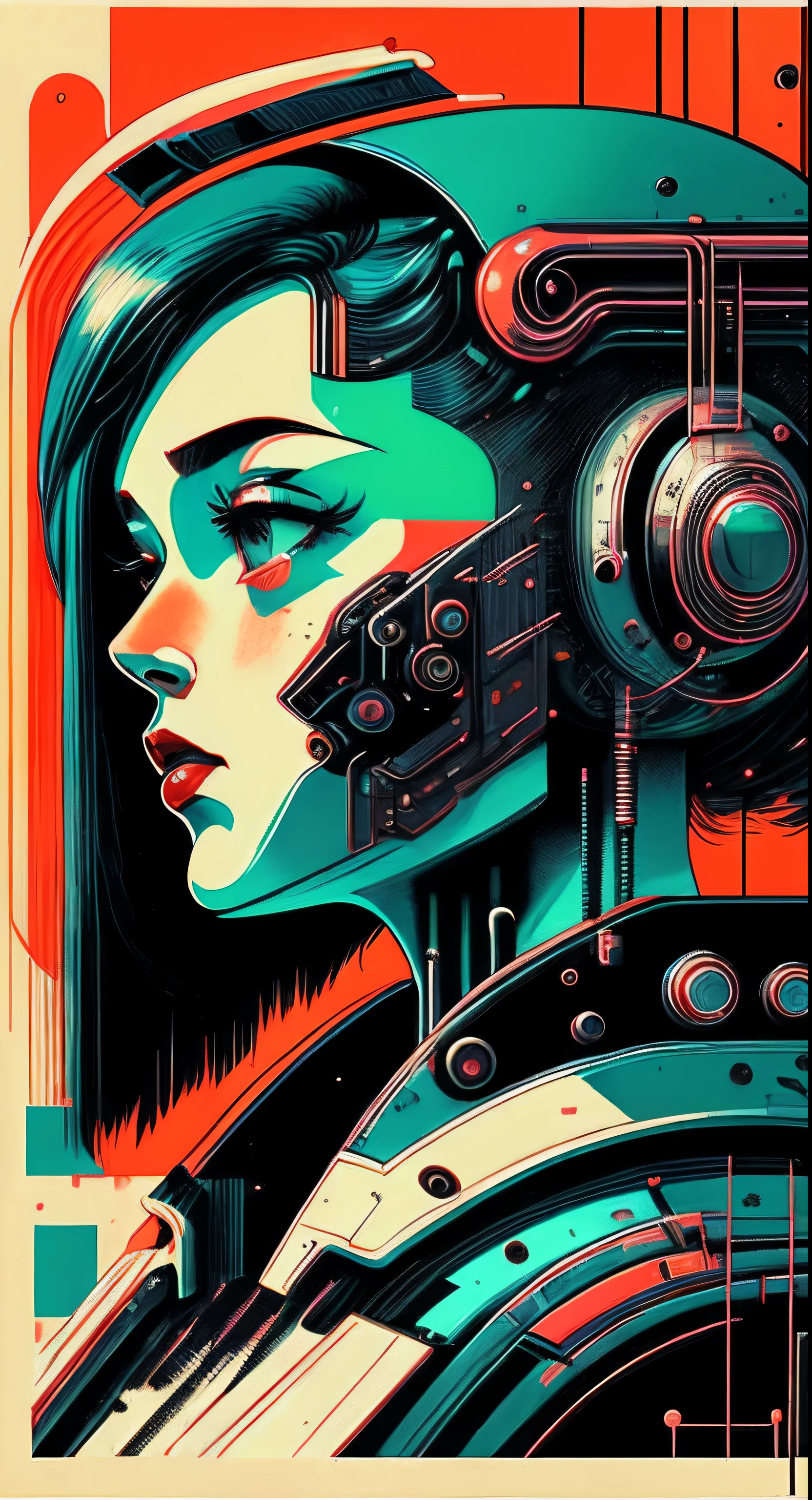 (masutepiece, 4K, ultra-detailliert, Raw photo: 1.2), Illustration, (1womanl:1), (single background: 1.4), (symmetry: 1.2), (Art deco:1.4), (retro-futuristic:1.4), (minimalism:1.4), (clean:1.4), (Flat_Color:1.4), (Cyberpunk:1.4), CCDDA Art Still、Music、Bust-up images