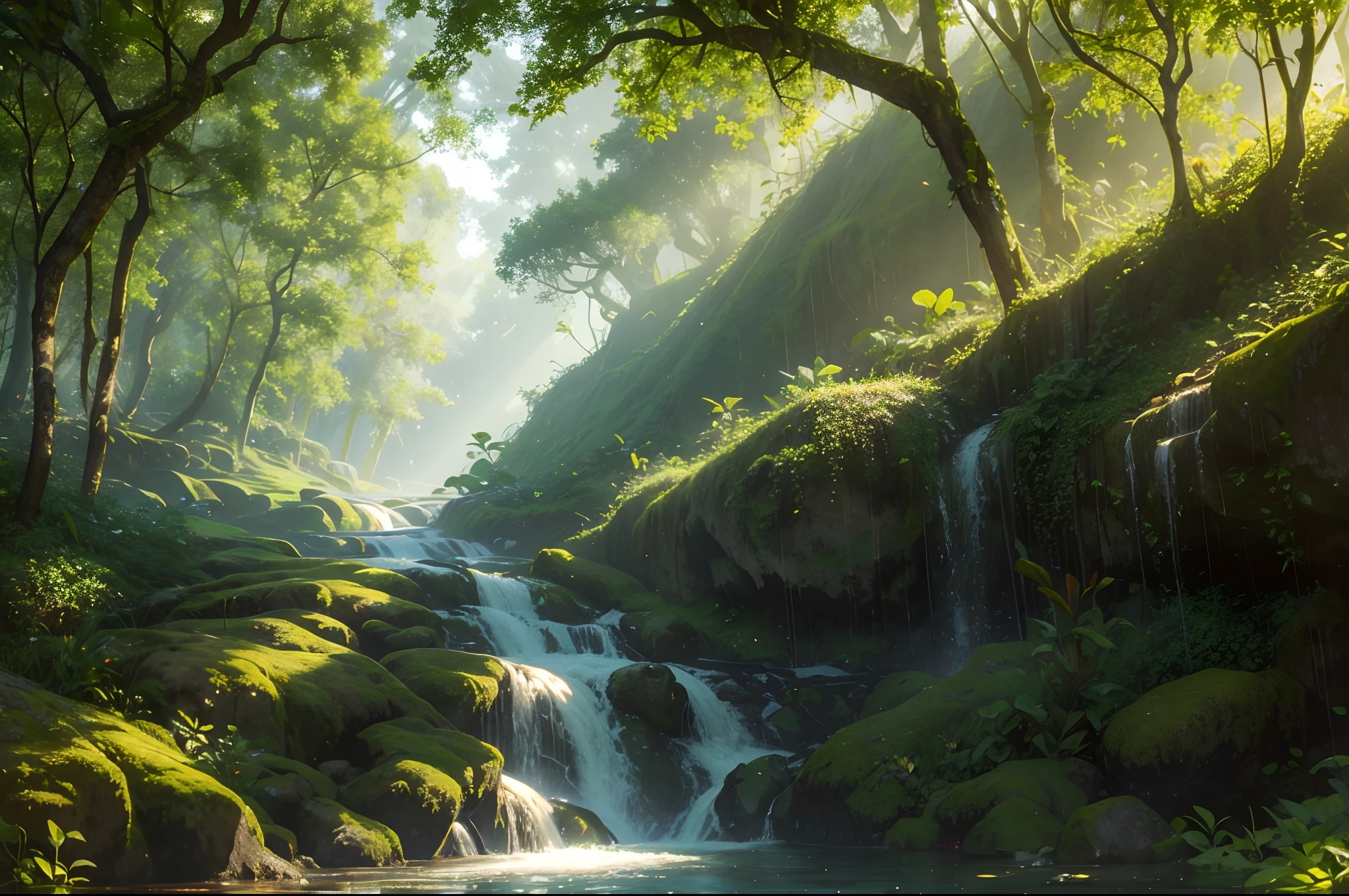 Tropical forest with luxurius vegetation, vines, flowery bushes, high but small fall, water splashes, water fog, river course. Illuminated by sun throught the trees.