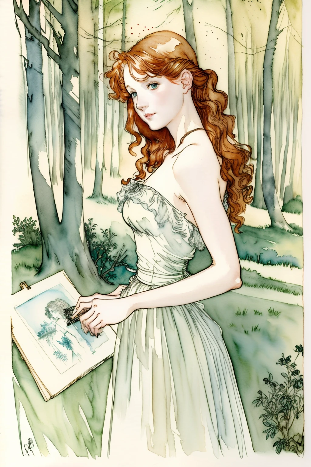 (best quality), ((masterpiece)), 8k 25 year old, redhead girl, alluring, armpit lenght hair (((upturned eyes))) cute ((strapless white dress)) slender build, ((corkscrew hairstyle)) (((arthur rackham watercolor sketch ))) muted palette, in the forest at night