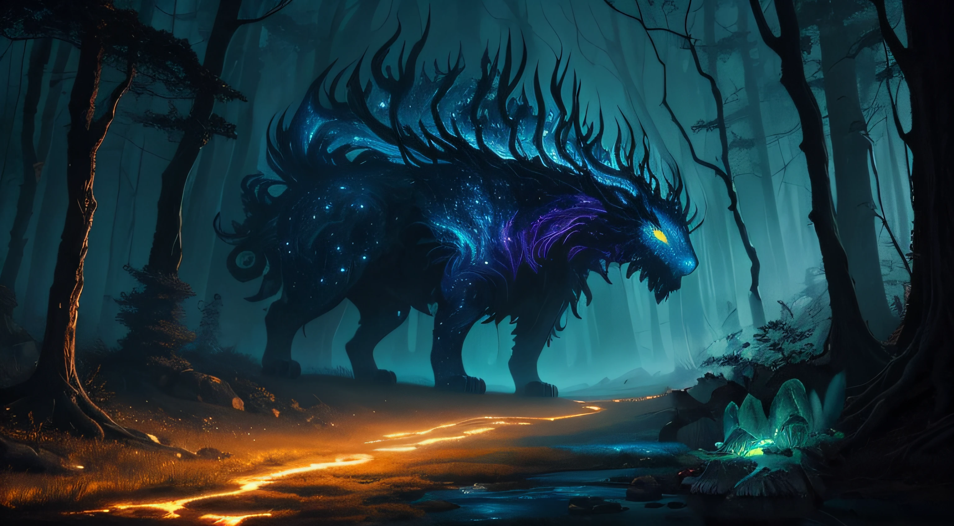 a warrior with an owl head observing the creature on the horizon, oil painting, dramatic lighting, detailed feathers, mystical atmosphere, vibrant colors, intense gaze, surreal landscape, hauntingly beautiful, masterpiece:1.2, high-res, vivid colors, dreamlike, silhouette of trees, mystical creatures, majestic presence, hidden powers