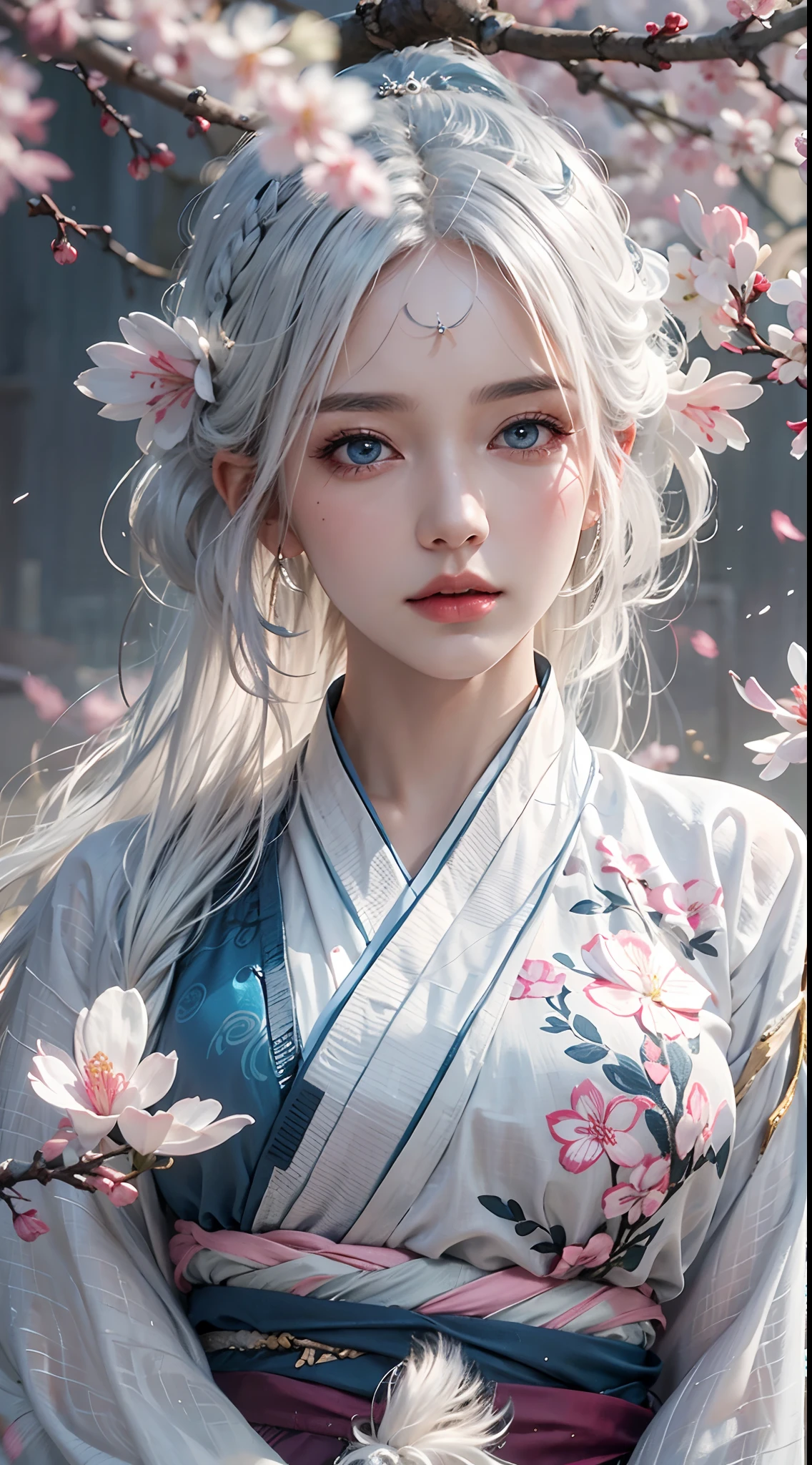 photorealistic, high resolution, soft lights, 1women, solo, hips up, blue eyes, white hair, long hair, hanfu, hips up, jewelry, tattoo, cherry blossom