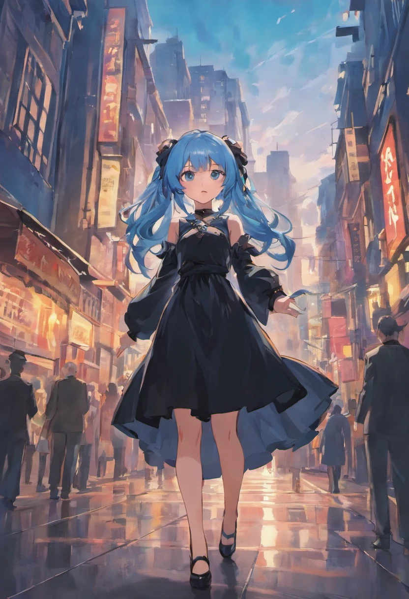 (Masterpiece), (Best Quality), (1 Girl), Girl in black dress, Cool Pose, City Background, Town Background, White Shirt, Solid Blue Hair, neat clothes like a nobleman