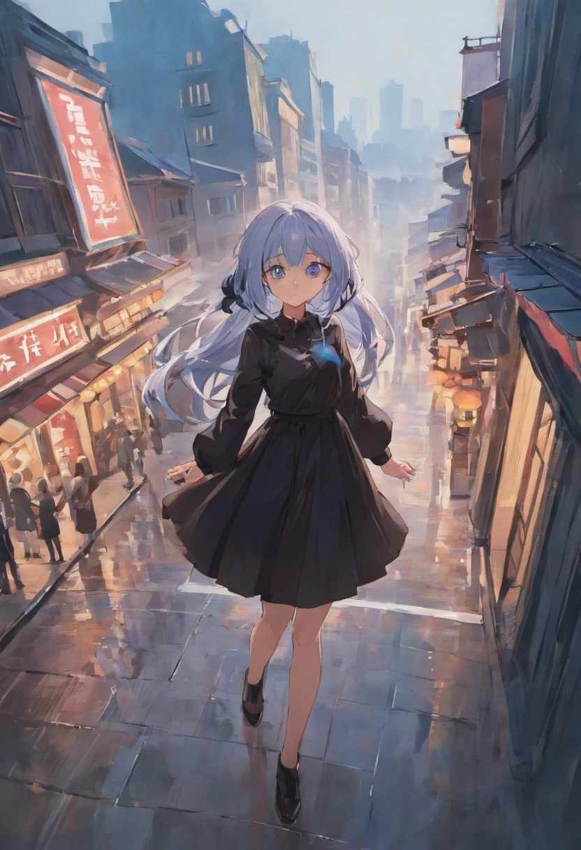 (Masterpiece), (Best Quality), (1 Girl), Girl in black dress, Cool Pose, City Background, Town Background, White Shirt, Solid Blue Hair, neat clothes like a nobleman