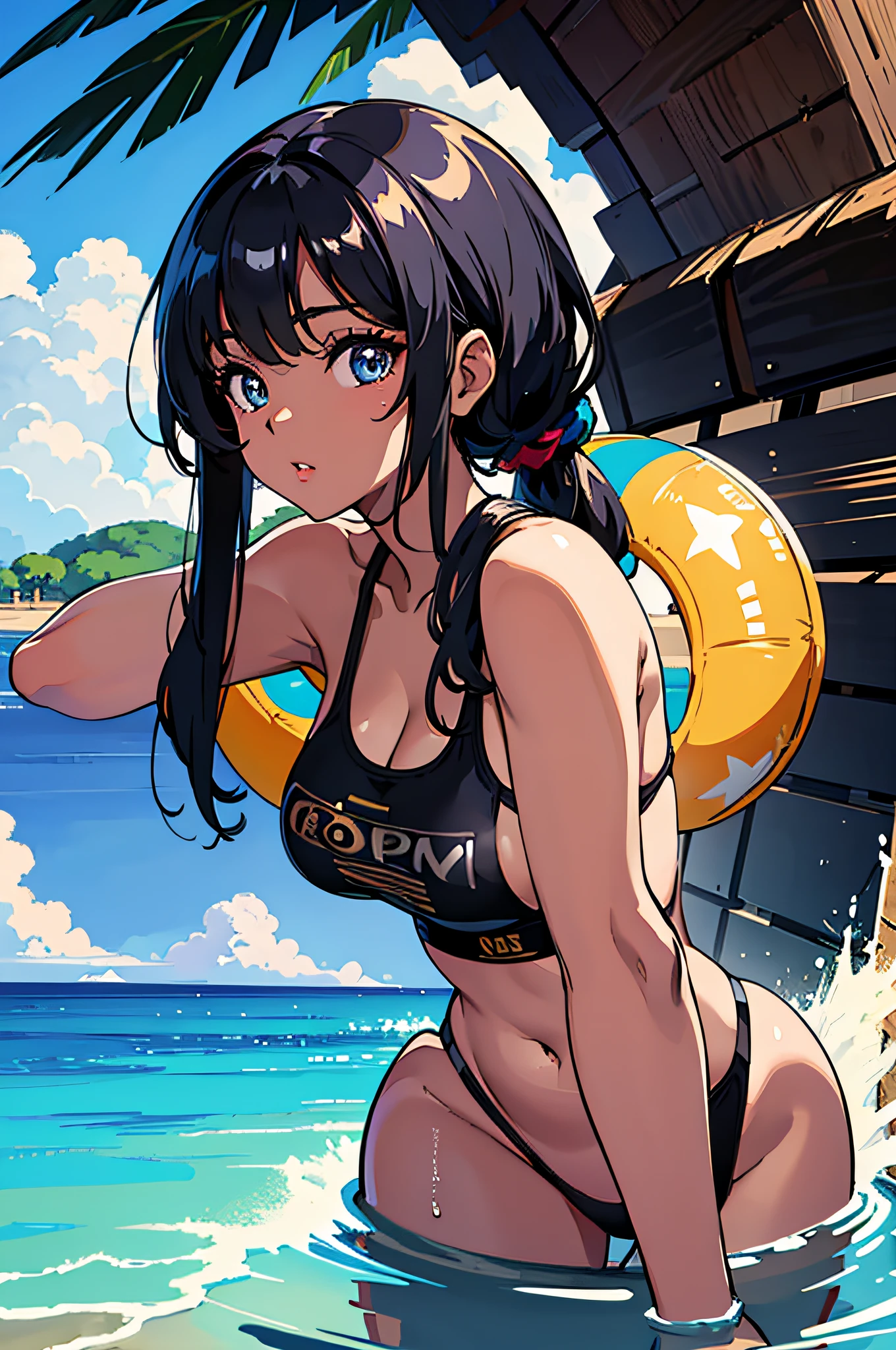 Black girl, sexy body, black hair, bathing suits, big booty, beautiful eyes, medium boobs, masterpiece, high resolution, 4k, detailed face, beautiful, African american