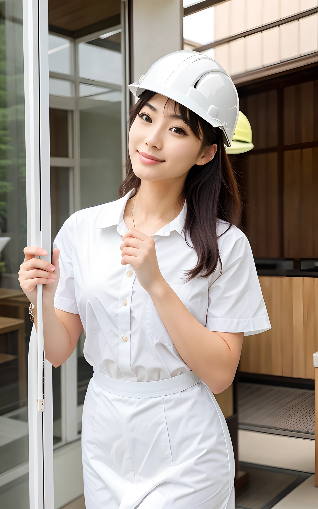 Cleaning company,Beautiful Japan woman in white helmet, ,Cleaning happily,Cute workwear,