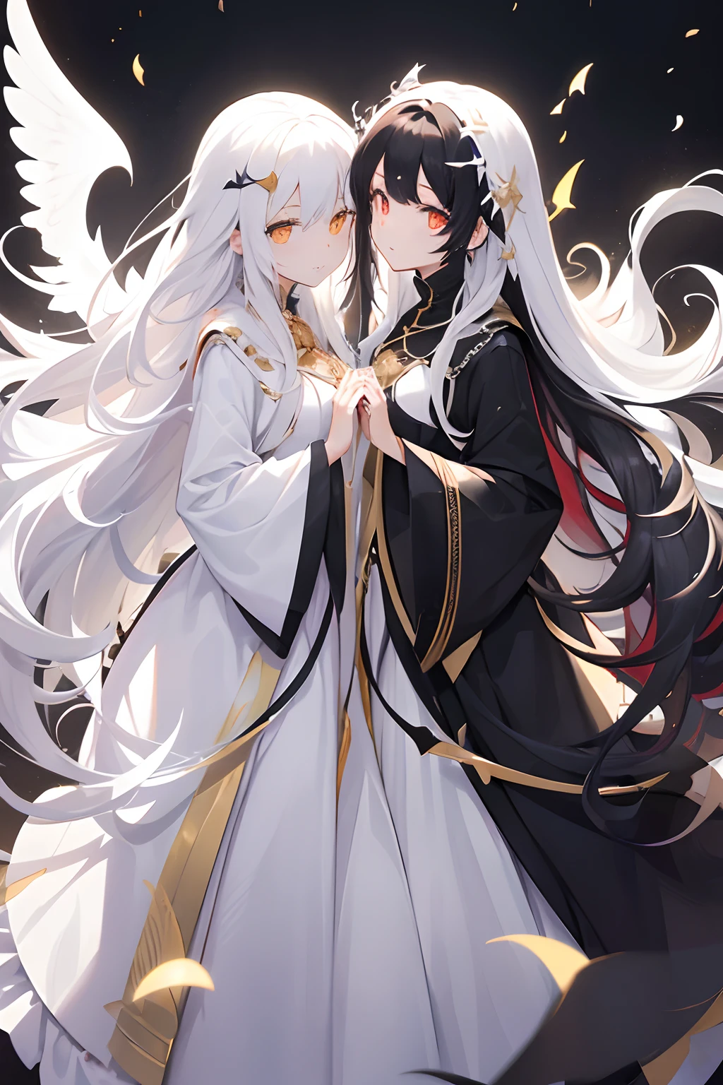 1womanl, ((Long wavy hair)), ((Half of her hair is white、The other half is black、Divided into two colors)), swept bangs, ((Golden Eyes)), Smile, Modern clothes,Black and white winged angel,long pale yellow hair down to the waist,,,Long flowing hair,darkred eyes,Long sword。the eyes are deep and bright,It's like two stars,Reveal firmness and wisdom,She wore black and white robes,Sleeves flutter a little in the wind
