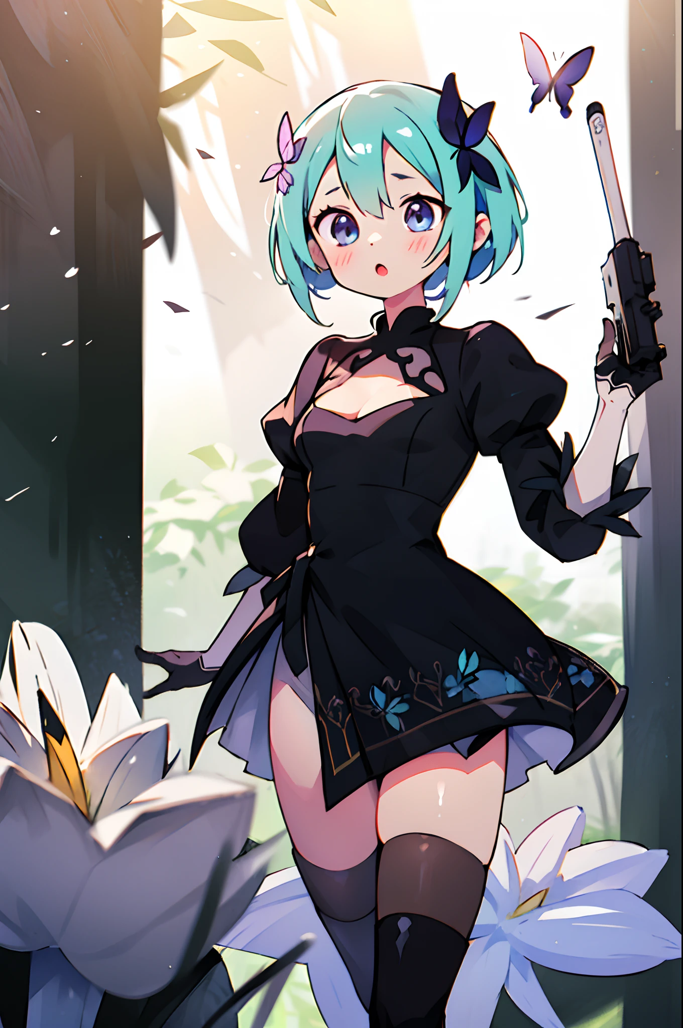 Octane Render、(Hyper-detailing: 1.15)、cinematic lightening、Cute Fantasy Princess、Handgun shooting practice、Fine Pattern Pistol,long boots、ultradetailed eyes、Full Paint、(Floral hair ornament、butterfly hair ornament)、masutepiece、Anatomically correct、blur、depth of fields