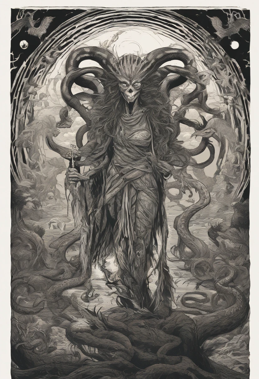 Medusa, northern lights, snake lightning, snakes to the heavens, hand drawn ink on paper illustration, double exposure, optical illusion, snake skin dress, full length body, (lamia, gorgon, snake woman hybrid, human upper-body, snake tail lower-body), fullbody, snake-haired, bald, hairless, (face, ornate black metal corpse paint, resembles Grace Jones), (background, pine barrens, entropy, rewilding, magic hour nautical twilight), (art style "Sean Gordon Murphy" comic drawing, splash panel), body drawn in Frederic Delavier musculature anatomical illustration art style, candid, the snake-haired head is covered in snakes that resemble pantera great southern trendkill, silhouette, full length body portrait, (body, Naga, snakefolk), (colors, forest green to earth brown, merge bleak muted deep fiery radiant glowing CMYK hues, (horror, abstract, surreal, body, cosmic), (art style Gerardo Zaffino charcoal), nyctophobia,