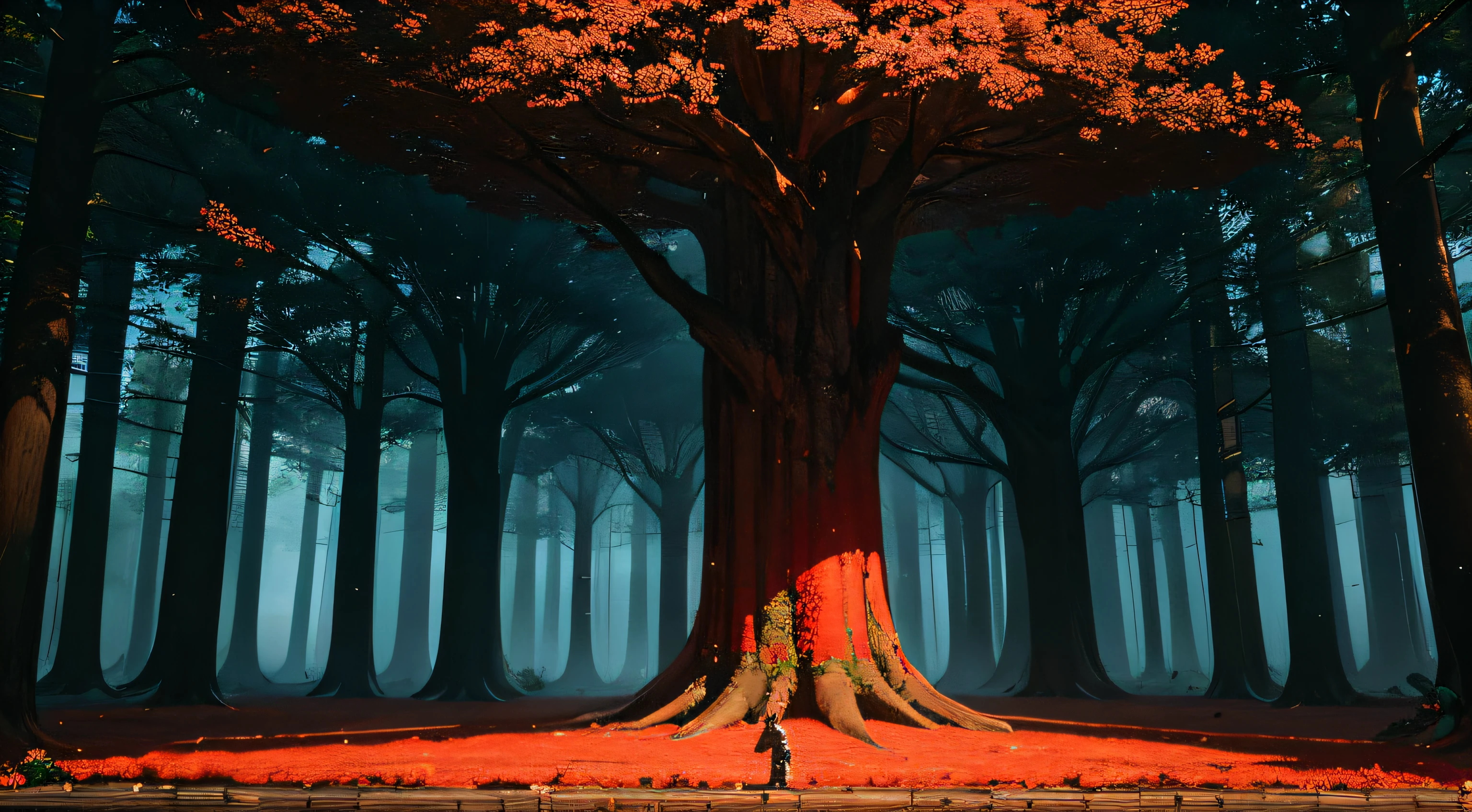 there is a big tree, Its leaves are red, algumas folhas caem, Around the tree there are swords carved into the ground and into its long roots that come out of the ground, It's night and raining, Foto RAW, 8k UHD, grain of film,