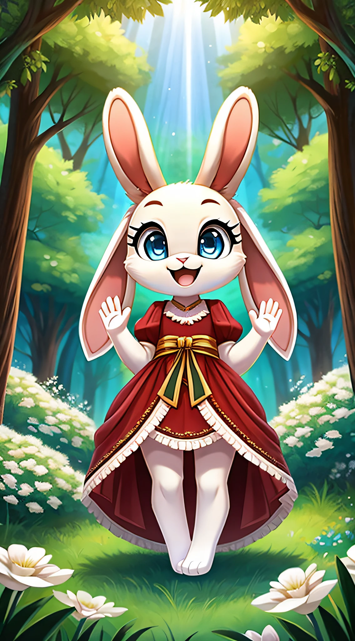 zoomed out image, fantasy style art, cute, adorable, short character, small, tiny little fluffy female white bunny with blue eyes, 4 ears, 2 extra ears, big floppy ears, long ears, ears perked up, raised ears, long eyelashes, poofy rabbit tail, wearing a red frilly ribbon dress, smiling, standing in a forest, big expressive smile, waving hello, excited pose, happy to see you, open mouth, wide eyes, excited eyes, excited face, stunning visuals, sunlight coming through the trees, white flowers scattered in the bushes, digital illustration