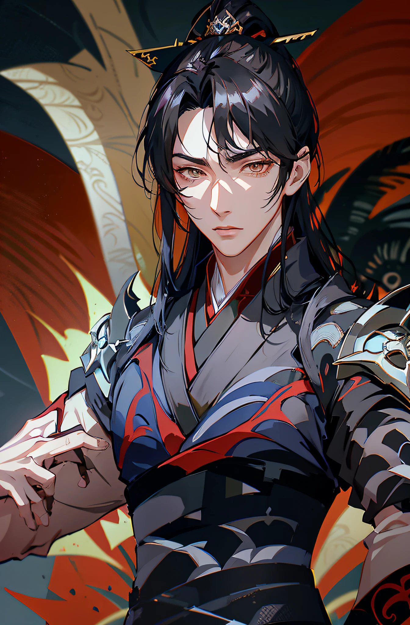 Anime - Stilbild eines Mannes mit schwarzen Haaren und schwarz-rotem Outfit, Rote Augen, Keqing von Genshin Impact, Handsome guy in demon slayer art, Taisho Roman, handsome androgynous prince, Zhongli von Genshin Impact, schwarzhaarige Gottheit, anime gutaussehender mann, zarter androgyner Prinz, Masamune Shiro, heise jinyao, Offizielle Kunst