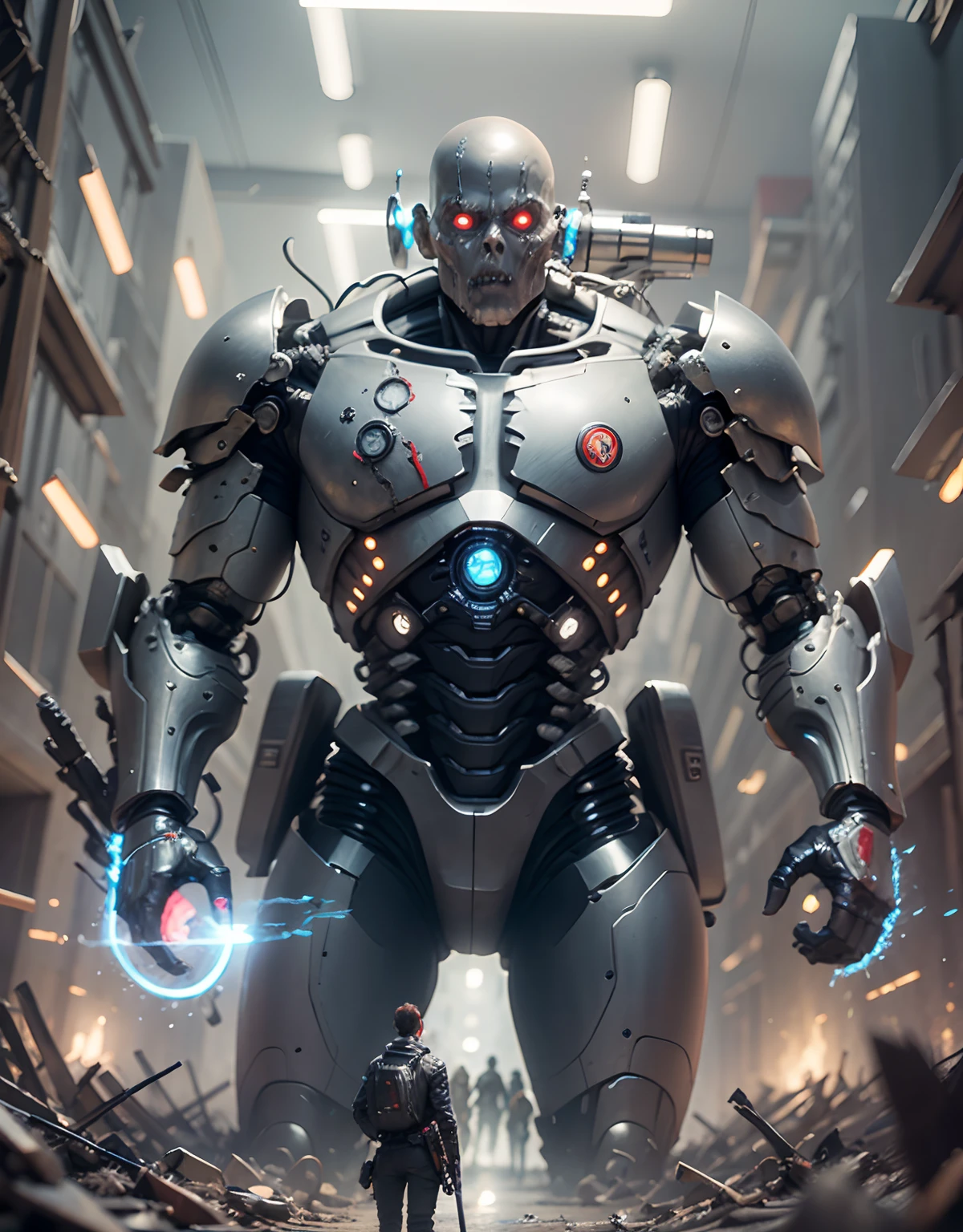 Time travel background,sense of layers,In front is a young man armed with a weapon,Behind it is 1 zombie and an artificial intelligence computer and a terminator