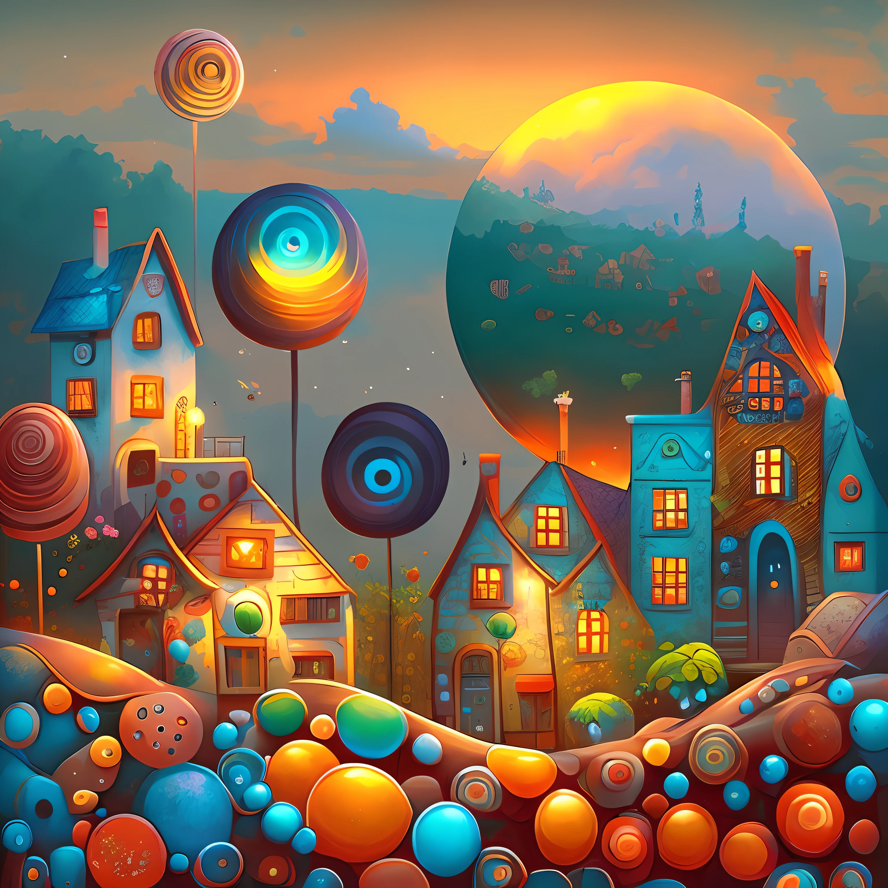pintura de uma cidade com muitos doces e pirulitos, arte caprichosa, Luz do Sol e Casas Extravagantes, cidade colorida, whimsical fantasy landscape art, arte colorida, Arte colorida, magical village, arte estilizada muito coerente, full-colour illustration, Cidade da Fantasia, arte de pintura digital dos desenhos animados, Directed by: Orshi Drozdik, arte digital colorida, casas coloridas, Directed by: Camille Bombois