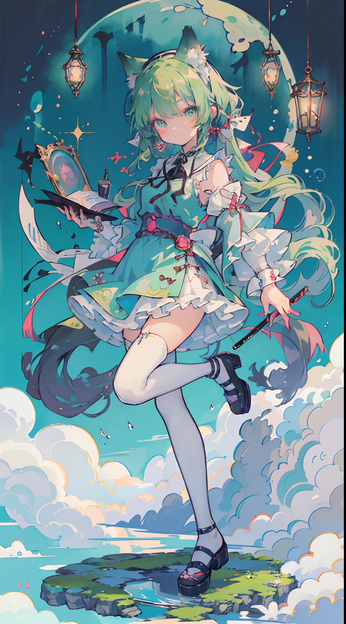 ((masutepiece, Best Quality: 1.1), ((Anime girl in blue dress with magic wand)), Art Nouveau、anime cat girl in a maid costume, Lori, ((Green hairs))、The long-haired、((Shining jewel-like eyes Long eyelashes Transparency))、Very Beautiful Anime Cat Girl, anime catgirl, ((white knee highs)), attractive cat girl, inspired by Leiko Ikemura, aya takano color style, in ryuuou no oshigoto art style, Cat Girl, touhou character, Rei Hiroe、With a smile