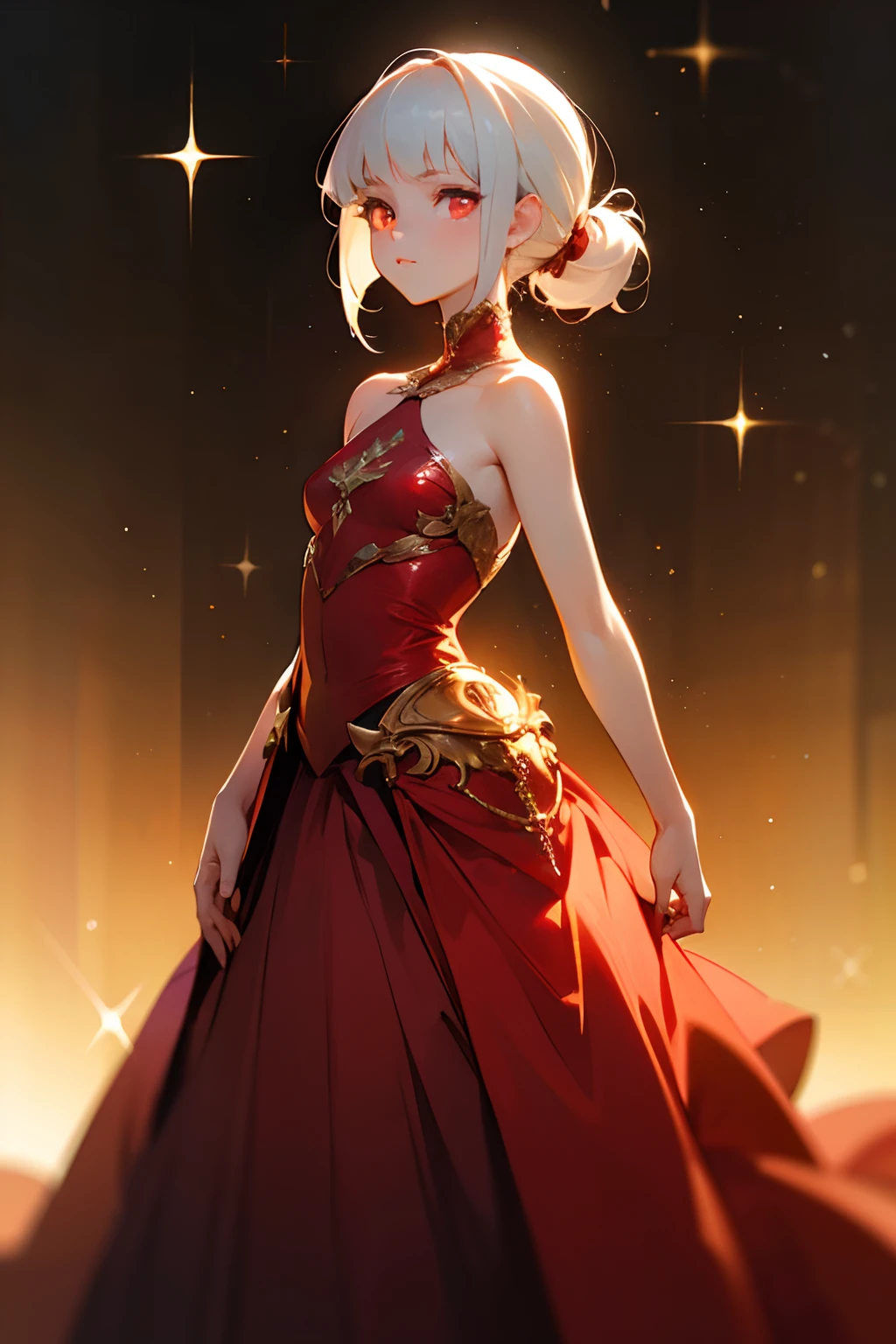 anime young girl, small hair, white hair tied back, red glowing eyes, wearing a crimson dress, large dress, dress detached from the body, exposed shoulders and arms, waltz background, portraits, look of superiority, look at the camera, princess pose, colorful tones, soft lighting, best quality, ultra-detailed, photo-realistic:1.37, vivid colors, bokeh, sparkles, feeling of power, captivating look