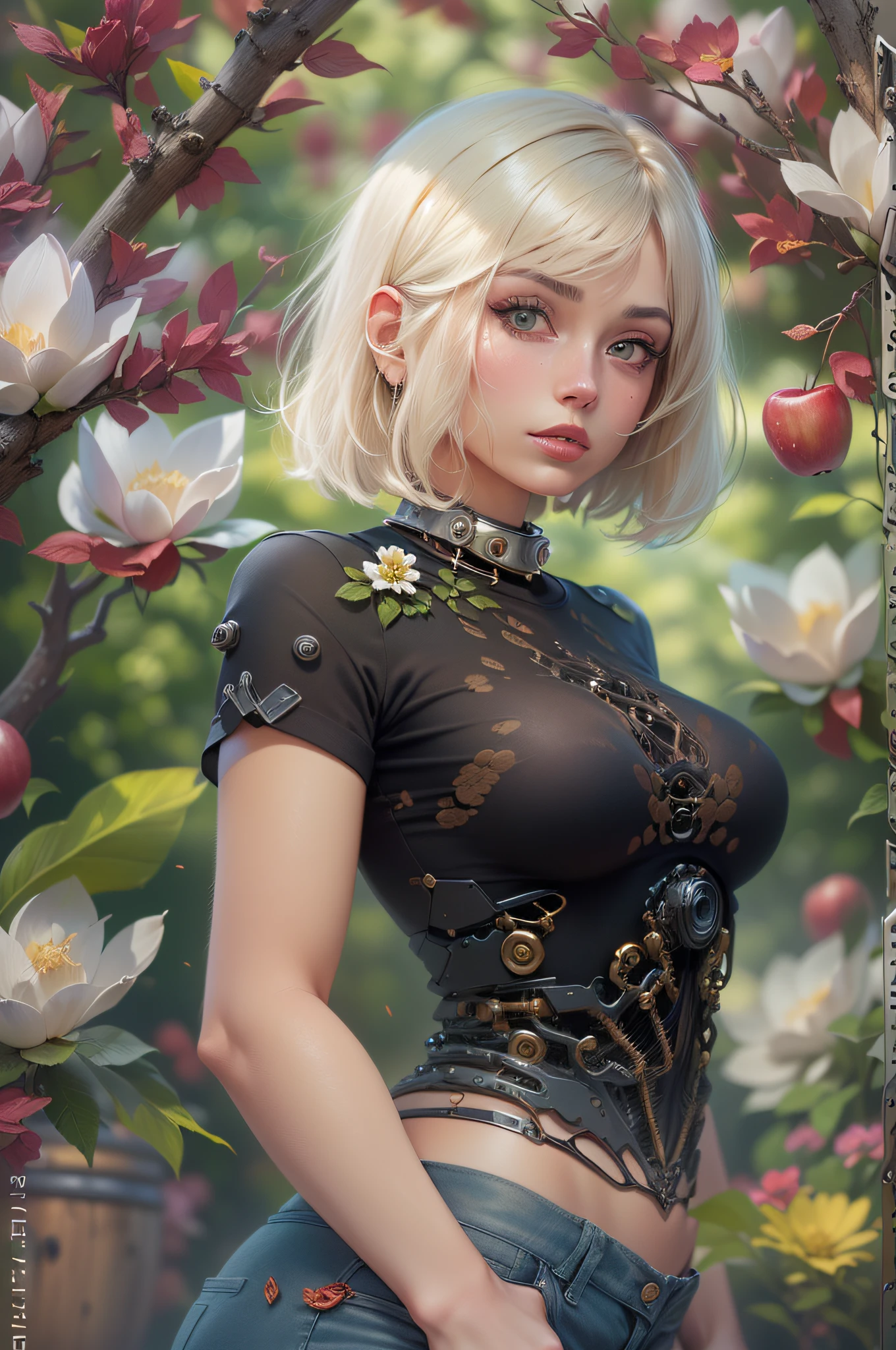 ((((masterpiece, best quality, high resolution)))), Extremely detailed 8K, Beautiful girl with slender body, (Ultra HD, Ultra-detailed, Highly detailed, Highly realistic, Ultra-realistic, photograph realistic), (1girl:1.5), (purple eyes: 1.5), (large breasts: 1.2), cleavage, looking at the audience, realistic, (Realistic white hair), short hair, short hair blown by wind, solo, flowers, sky, sky, outdoor, short hair, science fiction, blur, grass, realism, clouds, blue sky, chest, lips, transparent, transparent, transparent, (nsfw:1.5)