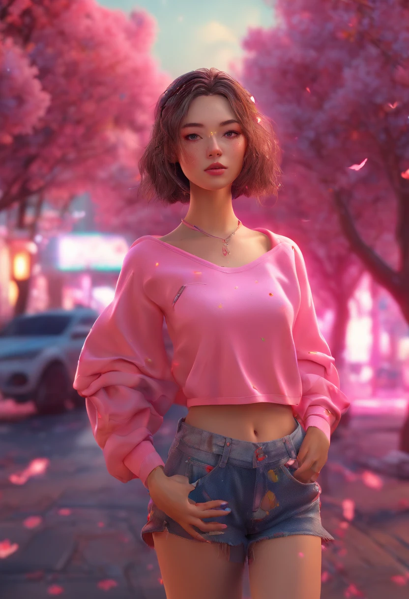 cinnannoe, hyper realistic, view angle from the sky, ultra detailed full body shot of woman in Night City, Ultra perfectly detailed pink car Nissan Silvia s14, around road sakura trees, Cyberpunk theme, white hoodie, T-shirt, black skirt, necklace, high-future vibes, head to toe image, depth of field, hyper detailed gorgeous face, natural body posture, trending on Artstation, 64k, ultra detailed, ultra accurate detailed, surrealism, ultra unreal engine, epic, freckles, stomach, legs, feets