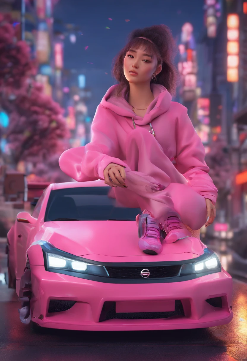 cinnannoe, hyper realistic, view angle from the sky, ultra detailed full body shot of woman in Night City, Ultra perfectly detailed pink car Nissan Silvia s14, around road sakura trees, Cyberpunk theme, white hoodie, T-shirt, black skirt, necklace, high-future vibes, head to toe image, depth of field, hyper detailed gorgeous face, natural body posture, trending on Artstation, 64k, ultra detailed, ultra accurate detailed, surrealism, ultra unreal engine, epic, freckles, stomach, legs, feets