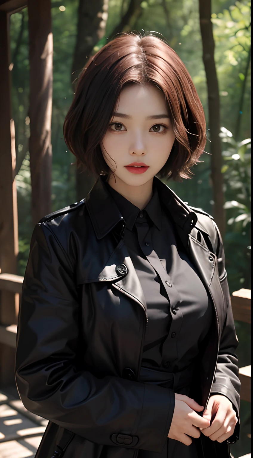 rage face，（a black trench coat：1.3） ，  （（best qualtiy， 8K， tmasterpiece： 1.3））， Sharp focus： 1.2， （layer cut， The large： 1.2）， Beautiful Women in Perfect Figure： 1.4， Slender abs： 1.2， Get wet： 1.5， Very detailed face and skin texture， Detailed eyes， 二重まぶた， （Short burgundy hair：1.3），Among the woods