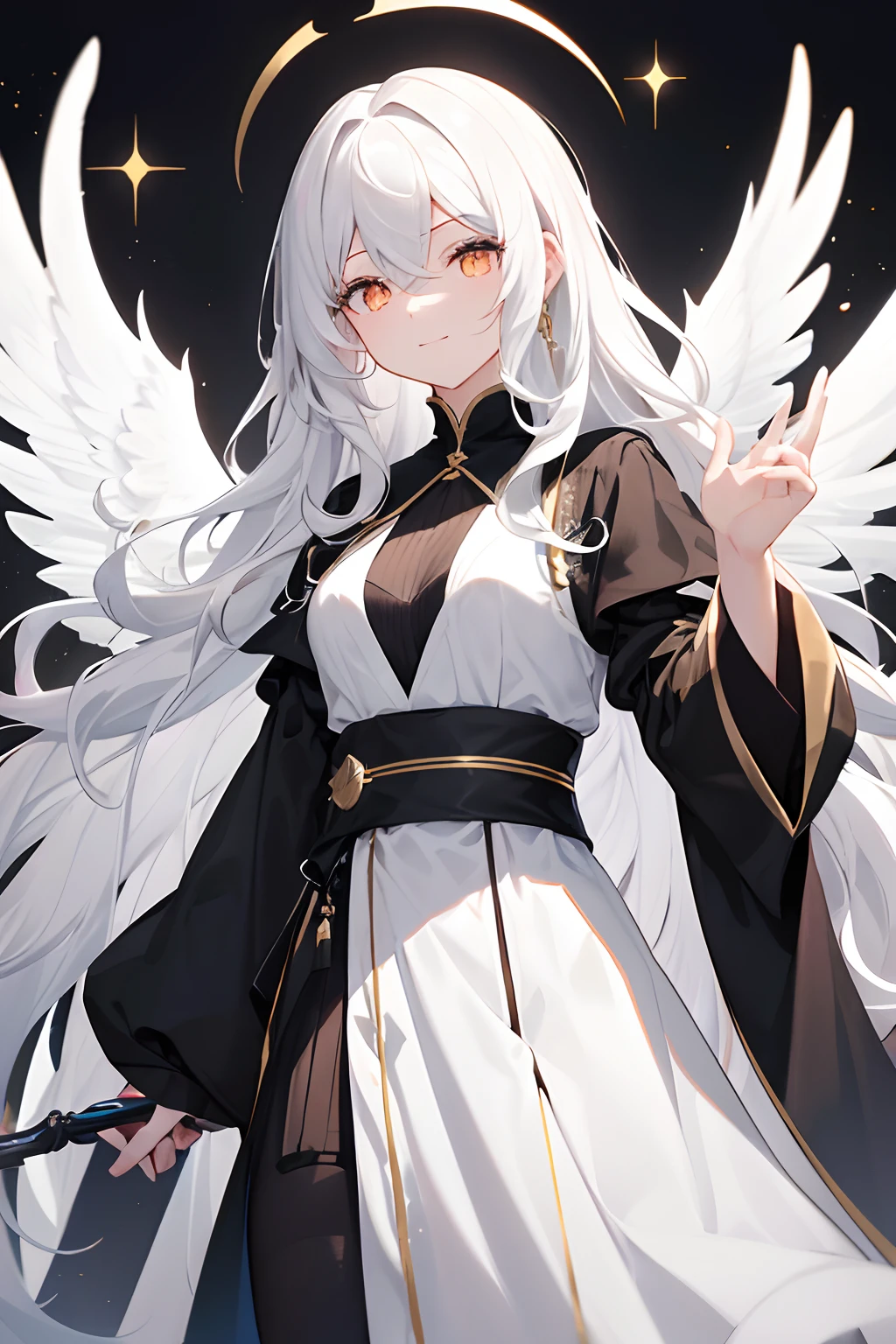 1womanl, ((Long wavy hair)), ((Half of her hair is white、The other half is black、Divided into two colors)), swept bangs, ((Golden Eyes)), Smile, Modern clothes,Black and white winged angel,long pale yellow hair down to the waist,,,Long flowing hair,darkred eyes,Long sword。the eyes are deep and bright,It's like two stars,Reveal firmness and wisdom,She wore black and white robes,Sleeves flutter a little in the wind
