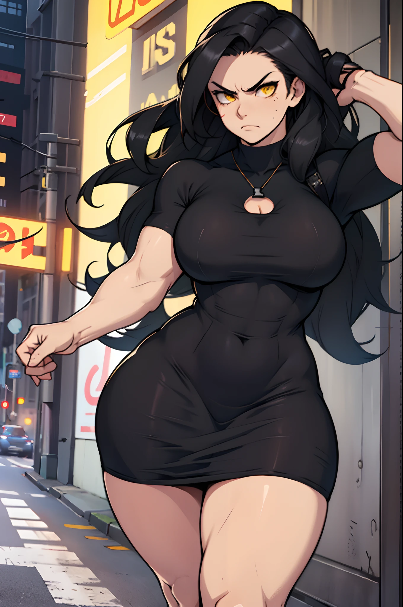 muscular 1 girl thick thighs thin waist perky breasts pale skin black hair long hair yellow eyes toned body tight dress angry