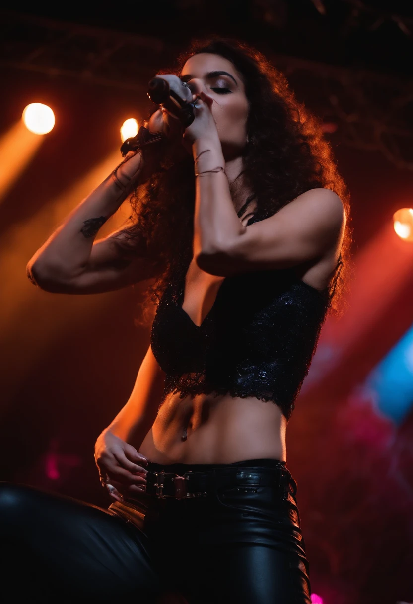 Realista, 4k, Kinematic, una mujer rockera joven, bella y sexy con manos bien definidas, ropa negra sexy, en la imagen de fondo un concierto de rock (caos), Obra maestra
