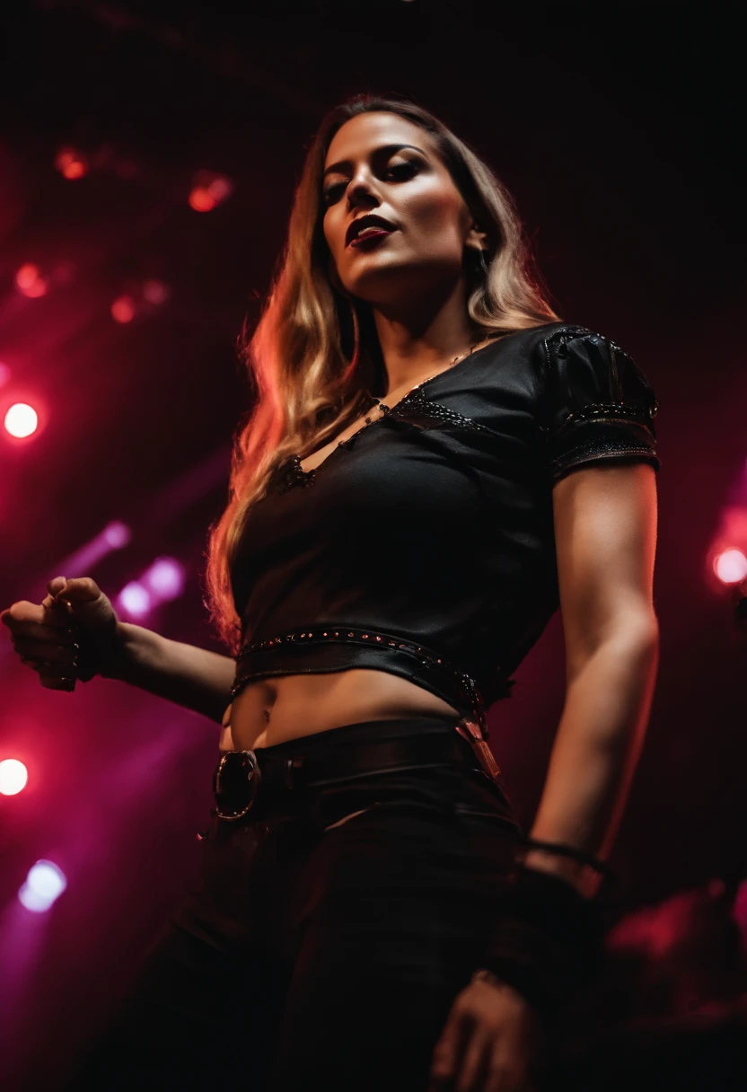 Realista, 4k, Kinematic, una mujer rockera joven, bella y sexy con manos bien definidas, ropa negra sexy, en la imagen de fondo un concierto de rock (caos), Obra maestra