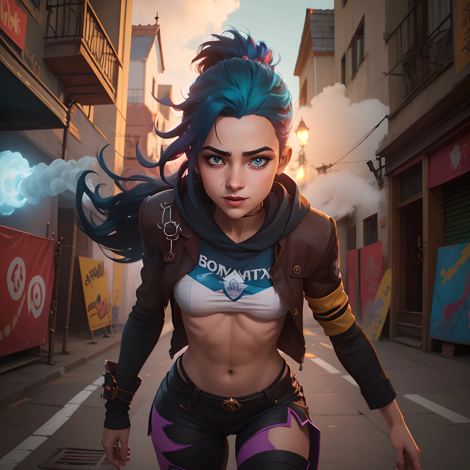 uma travessa, belos olhos detalhados, Flowing blue hair, vestindo uma roupa preta e roxa, surrounded by colorful explosions and smoke, magic effects, Vibrant and dynamic, Comic book style, dramatic lighting, cores vibrantes, playful and energetic atmosphere, com um sorriso travesso, standing on a rooftop, Paisagem urbana em segundo plano, paredes cobertas de grafite, High-quality illustrations, estilo de arte de rua, otimista e animado, com um toque de caos e rebeldia. (melhor qualidade, Altas, ultra-detalhado, fotorrealista:1.37), Quadrinhos vibrantes, contornos distintos, bold and expressive strokes, animated action lines, sombras e realces intensos, with a sense of anticipation and mischief.