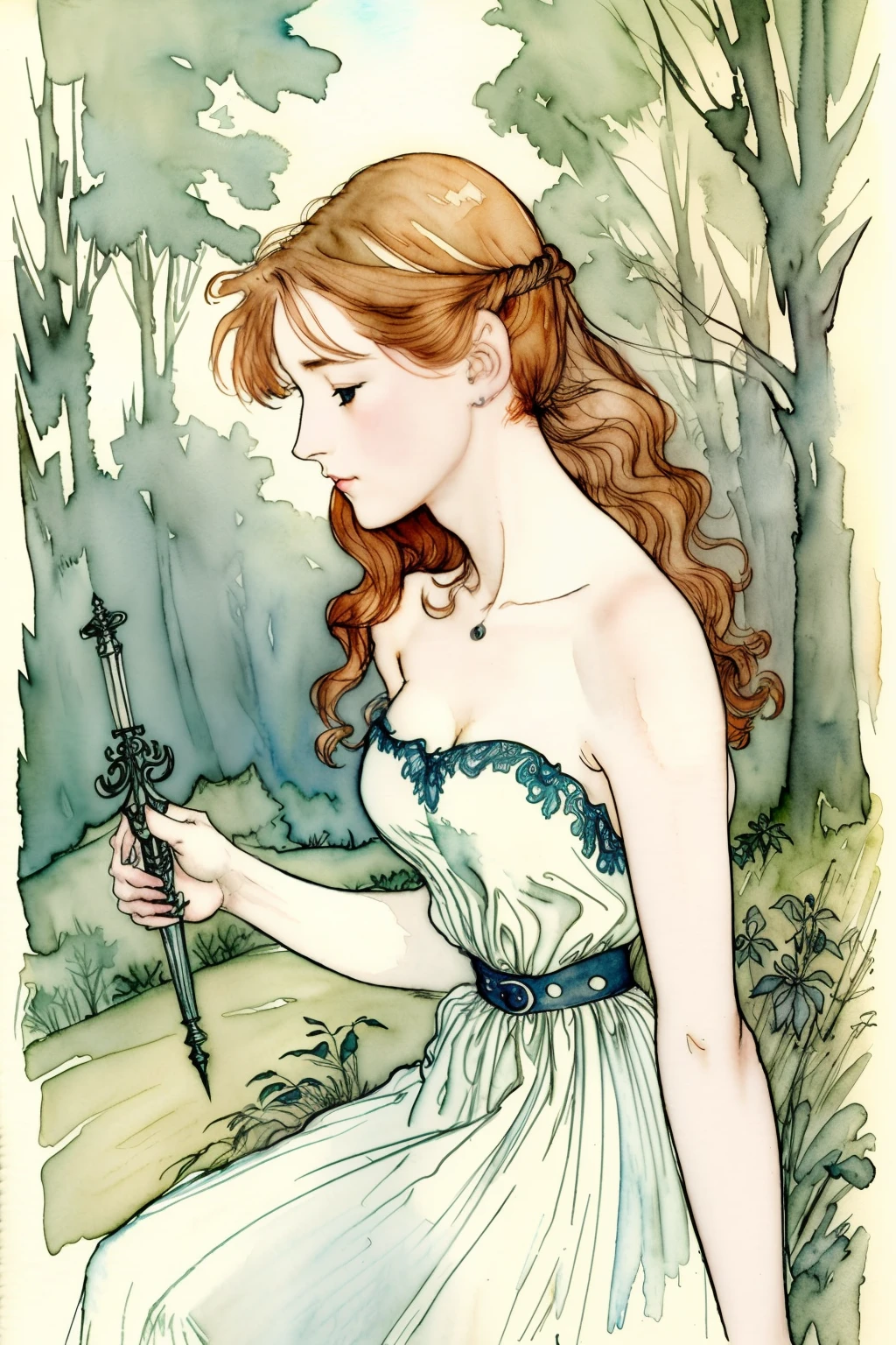 (best quality), ((masterpiece)), 8k 25 year old, redhead girl, alluring, armpit lenght hair (((upturned eyes))) cute ((strapless white dress)) slender build, ((corkscrew hairstyle)) (((arthur rackham watercolor sketch ))) muted palette, in the forest at night