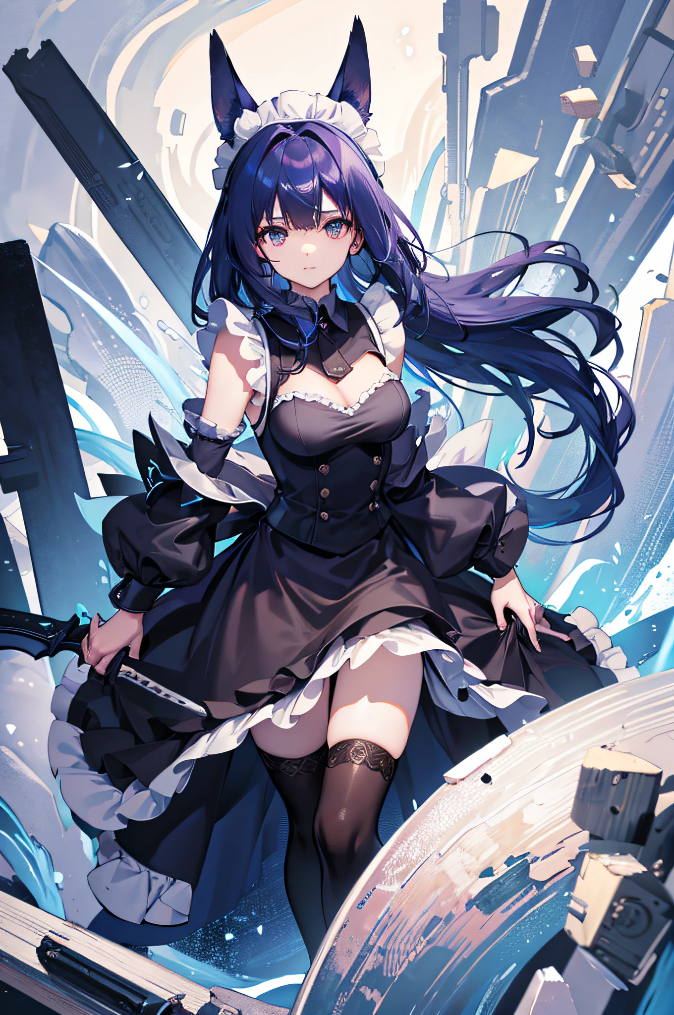 4K,hight resolution,Only woman,Dark blue hair,Twin-tailed,Woman knight,maid clothes,Heavy Armor,Holding a sword in both hands