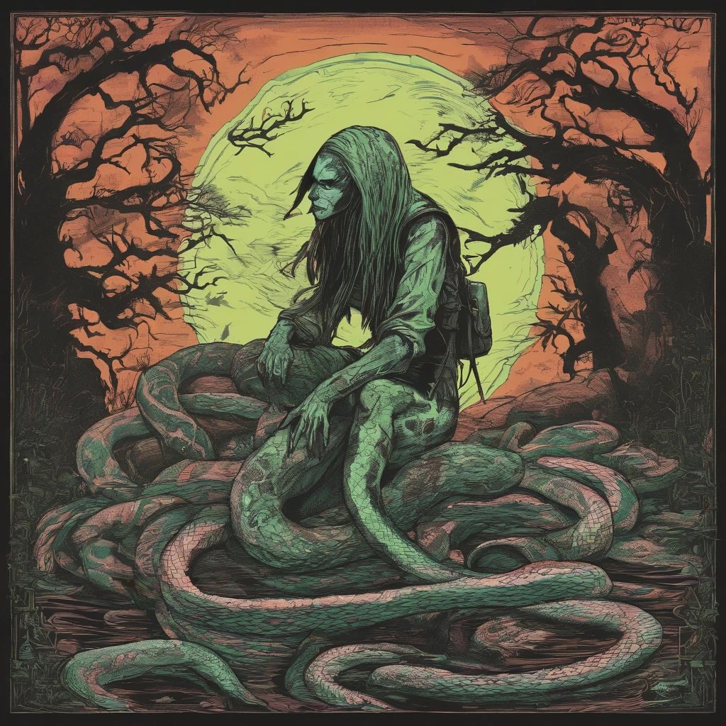 Medusa, northern lights, snake lightning, snakes to the heavens, hand drawn ink on paper illustration, double exposure, optical illusion, snake skin dress, full length body, (lamia, gorgon, snake woman hybrid, human upper-body, snake tail lower-body), fullbody, snake-haired, bald, hairless, (face, ornate black metal ?????? paint, resembles Grace Jones), (background, pine barrens, entropy, rewilding, magic hour nautical twilight), (art style "Sean Gordon Murphy" comic drawing, splash panel), body drawn in Frederic Delavier musculature anatomical illustration art style, candid, the snake-haired head is covered in snakes that resemble pantera great southern trendkill, silhouette, full length body portrait, (body, Naga, snakefolk), (colors, forest green to earth brown, merge bleak muted deep fiery radiant glowing CMYK hues, (horror, abstract, surreal, body, cosmic), (art style Gerardo Zaffino charcoal), nyctophobia,