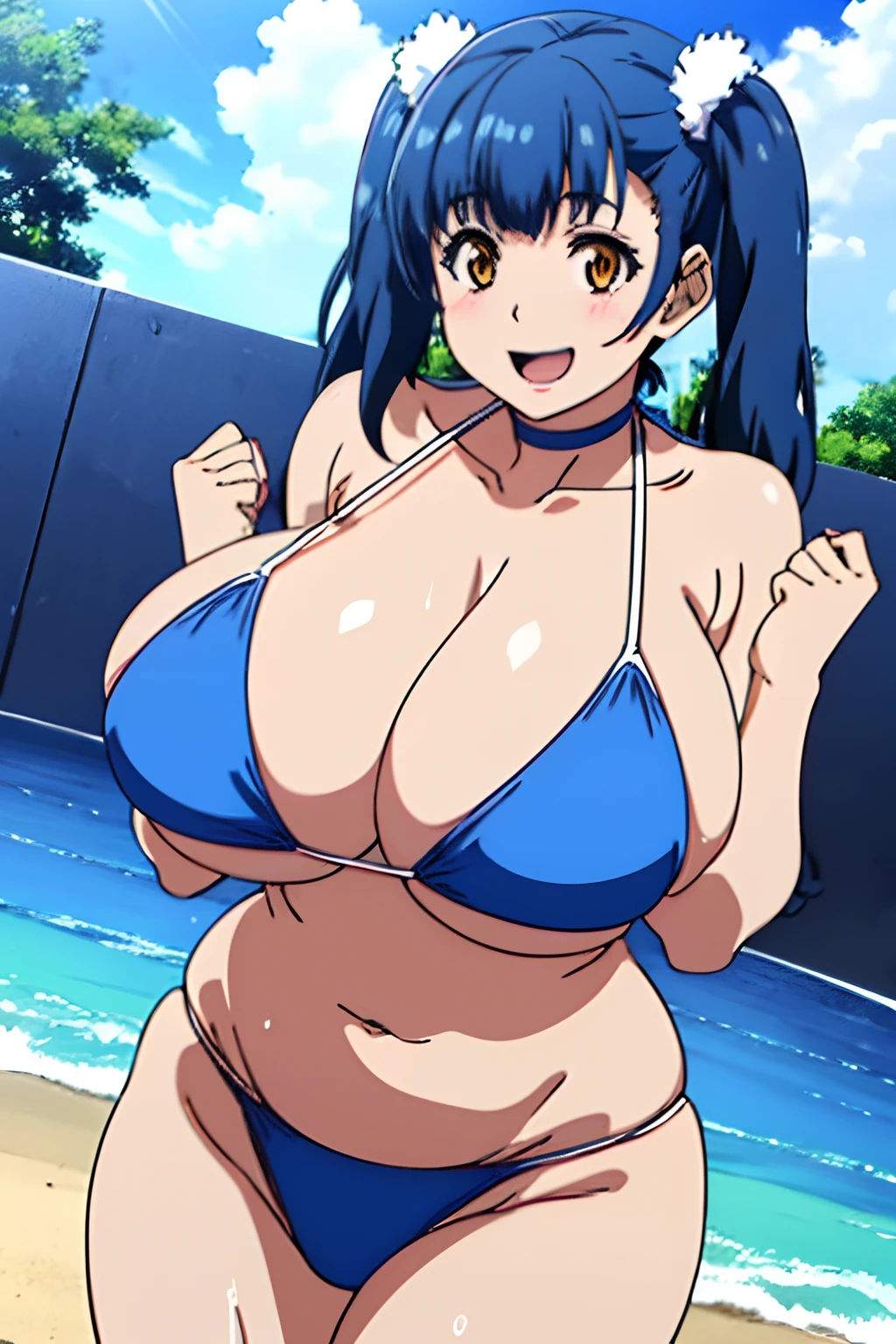 (Blue hair,Orange Eyes,Twin tail,Huge breasts,tusk,azulejo_(gravity)).Opening Mouth、Huge breasts,bikini of,Beach,Smile