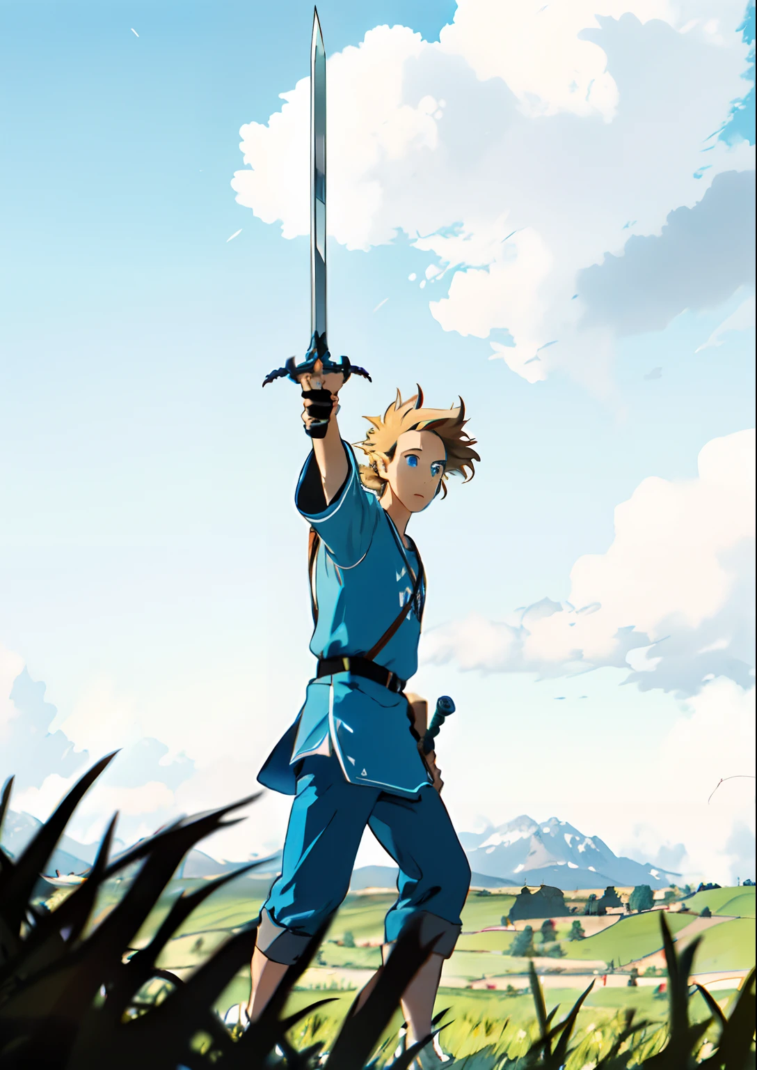 (beautiful and magnificent skyline, majestic sky), (extremely tense and dramatic pictures, moving visual effects), (high hanging Polaris, colorful natural light), (1elfman), (blue tunic, tan pants, carrying a sword), (dynamic pose:1.3, blue eyes, blond short hair with little ponytail)[:0.8], (large grassland), (oncoming breeze), (blond hair and background Coordination effect: 1.2), (close shot, long shot mix and match)[::0.9]